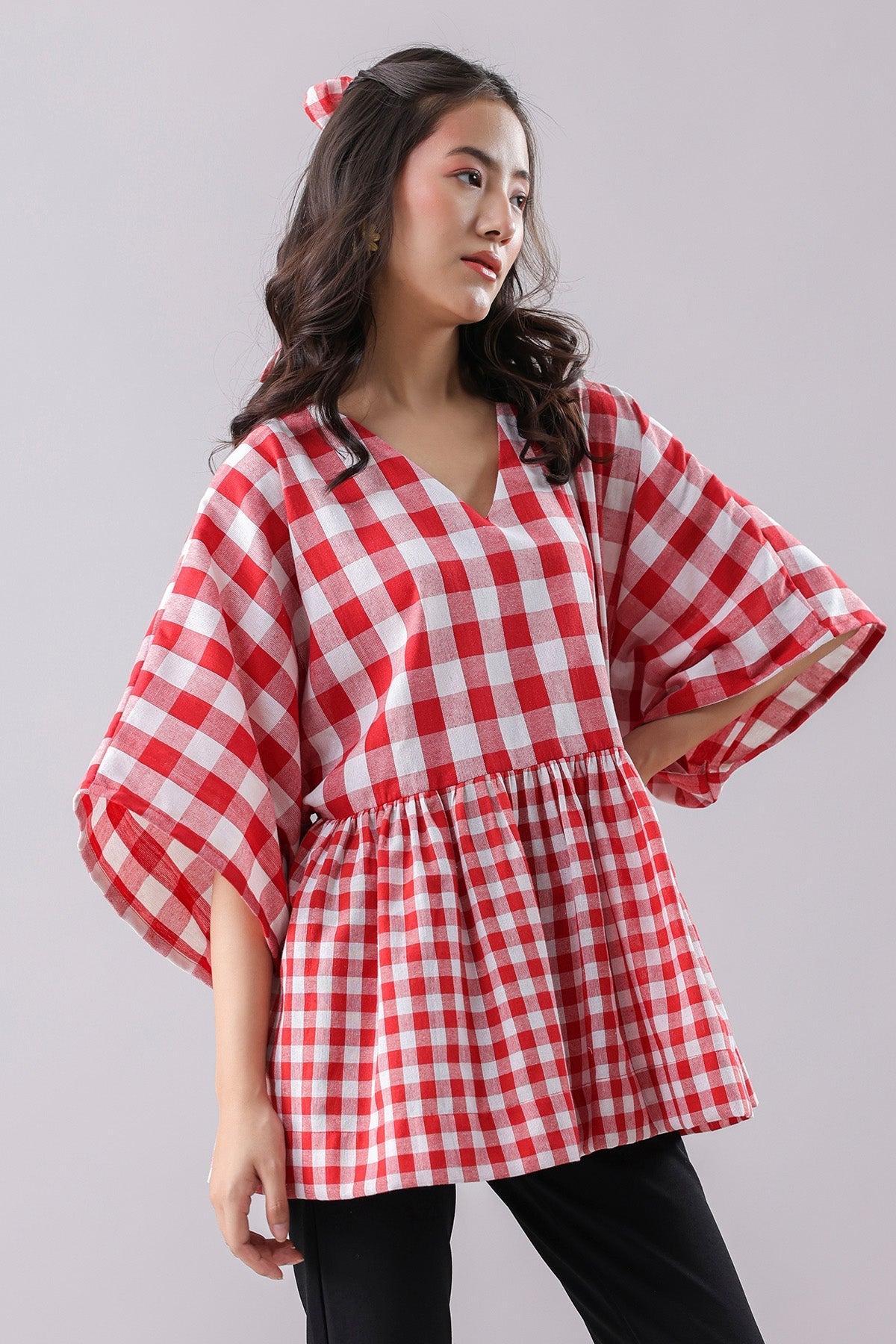 Buy Red Checked Flared Kimono Top by Why Look West for women online at ScrollnShops