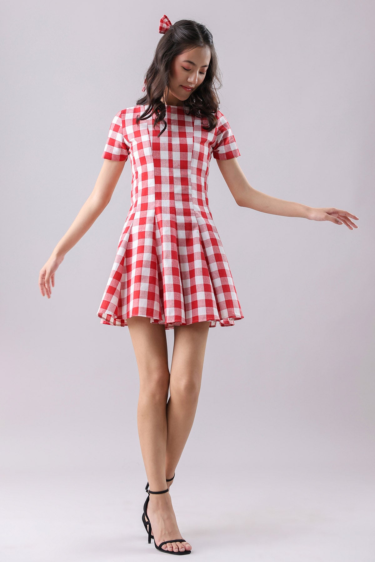 Red Checked Flared Mini Dress