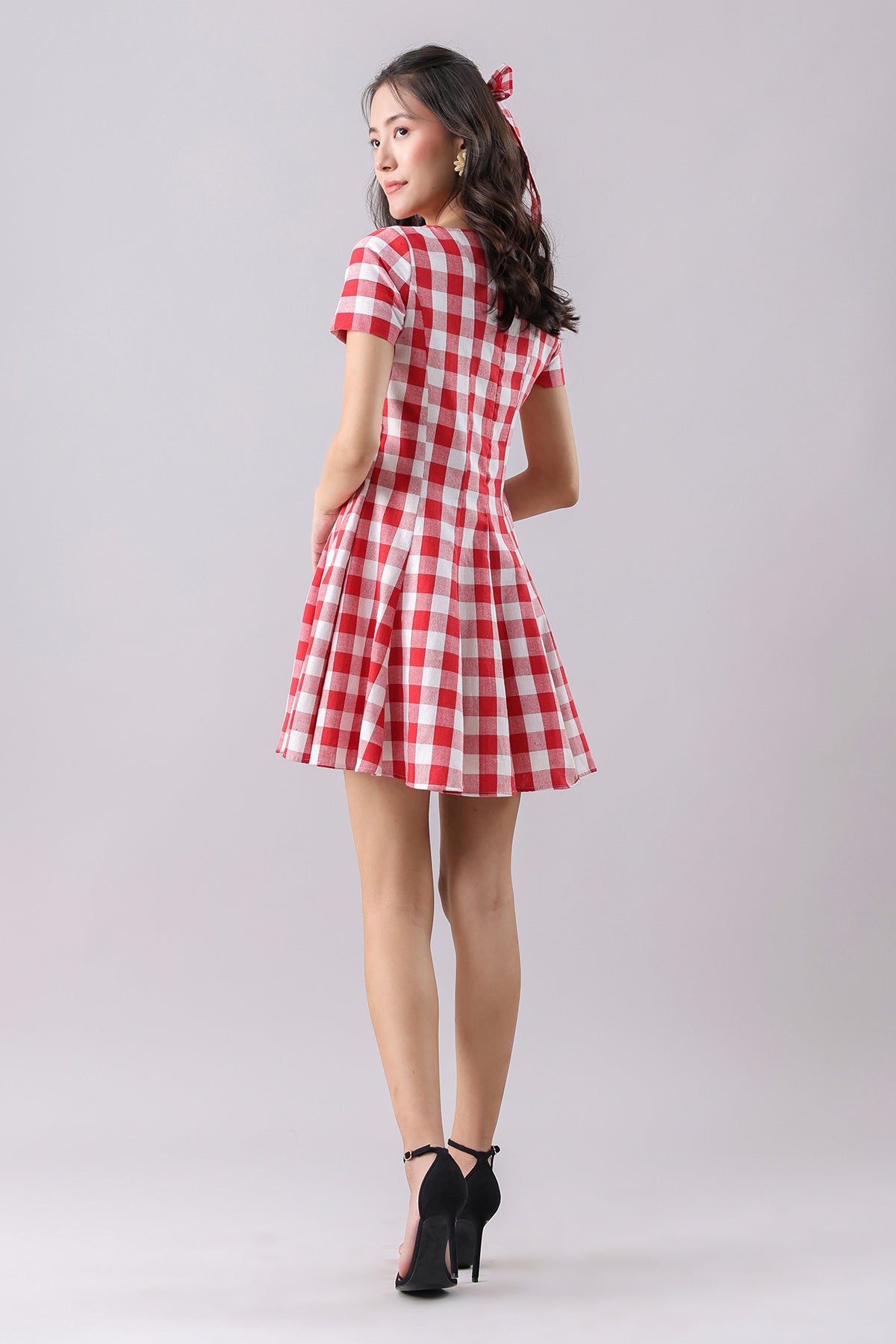 Red Checked Flared Mini Dress