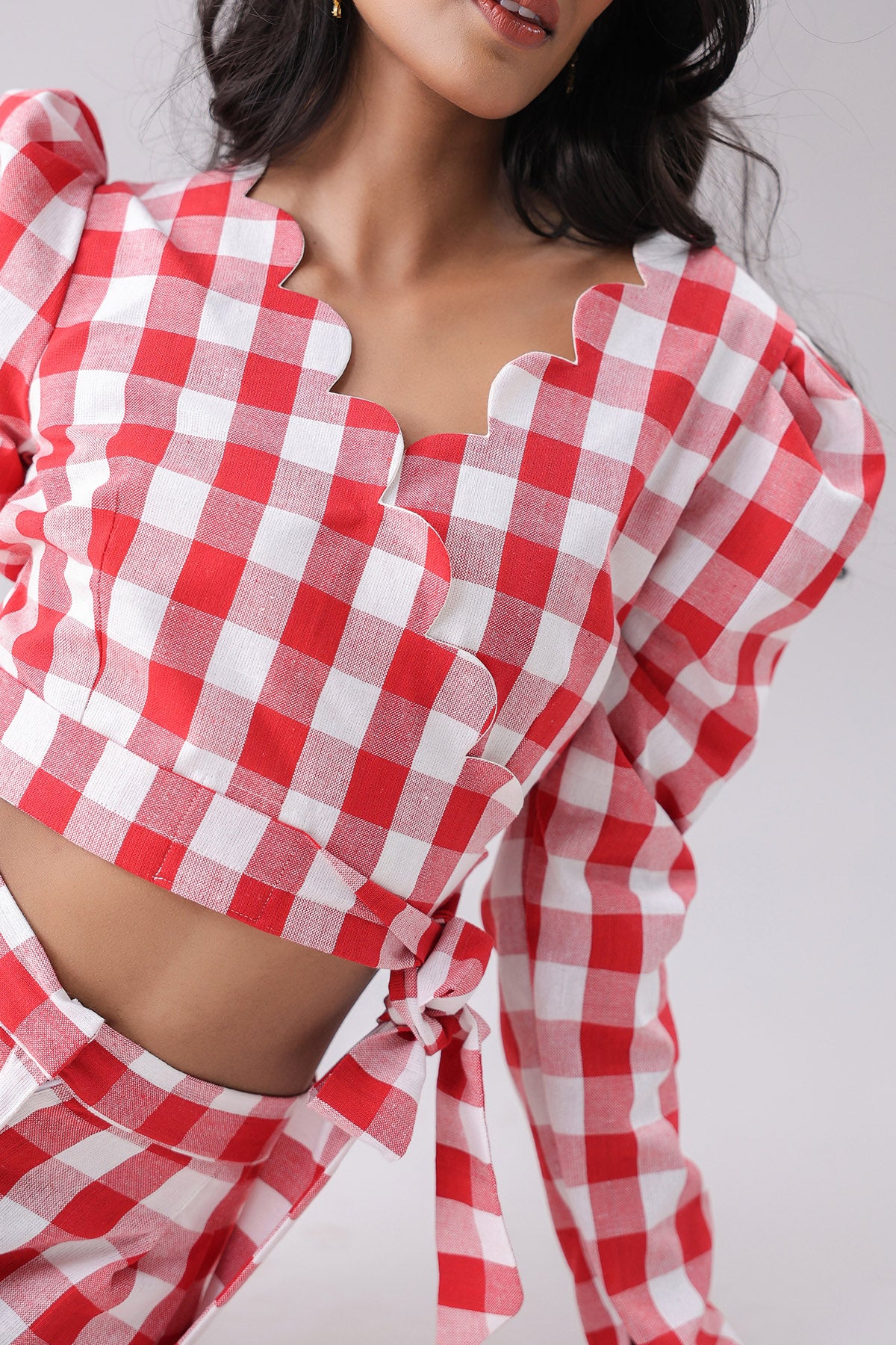 Red Checked Tie-Up Crop Top
