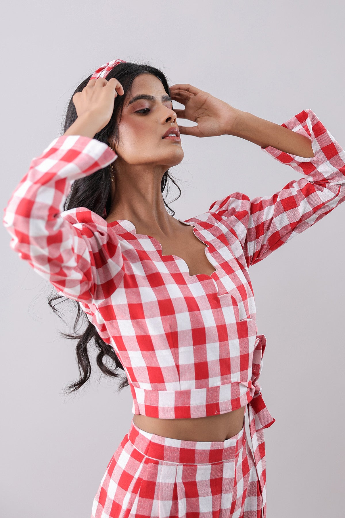 Red Checked Tie-Up Crop Top