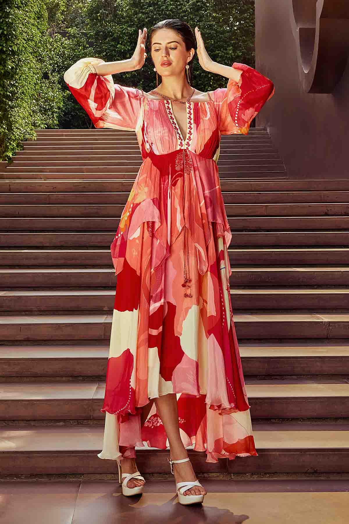 Buy Red Chiffon Deep V-Neck Dress by Mandira Wirk