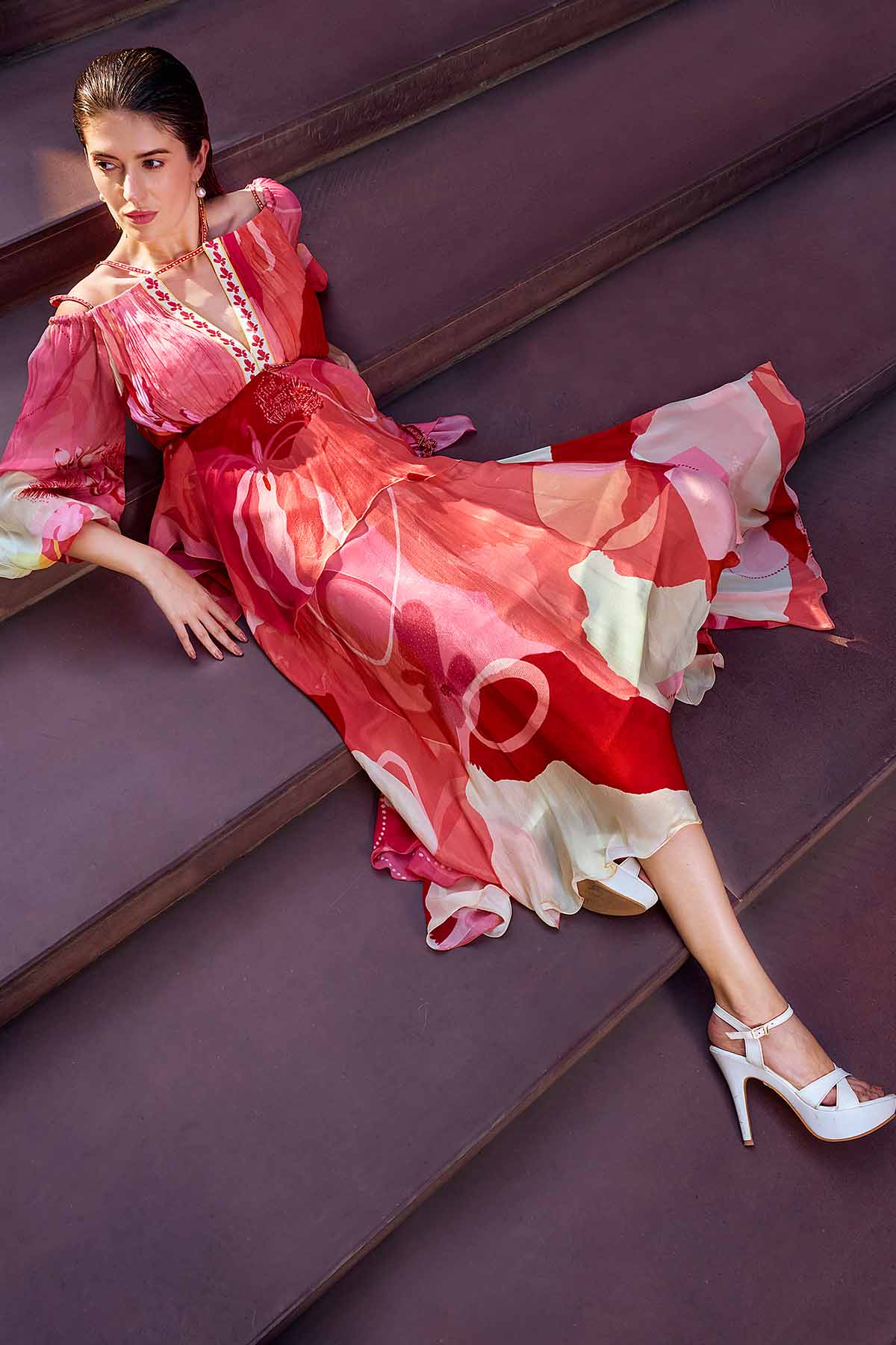 Red Chiffon Deep V-Neck Dress