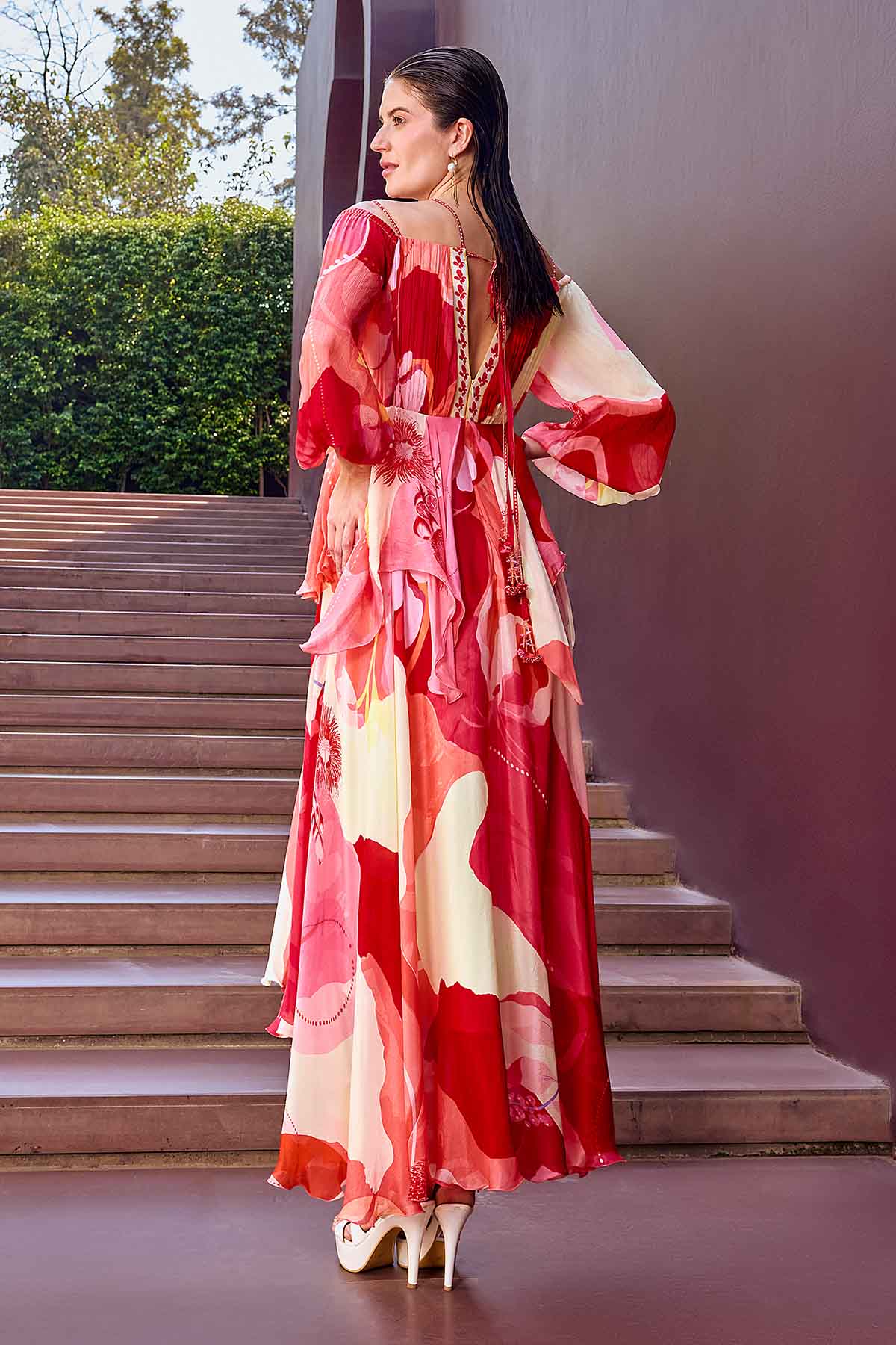 Red Chiffon Deep V-Neck Dress