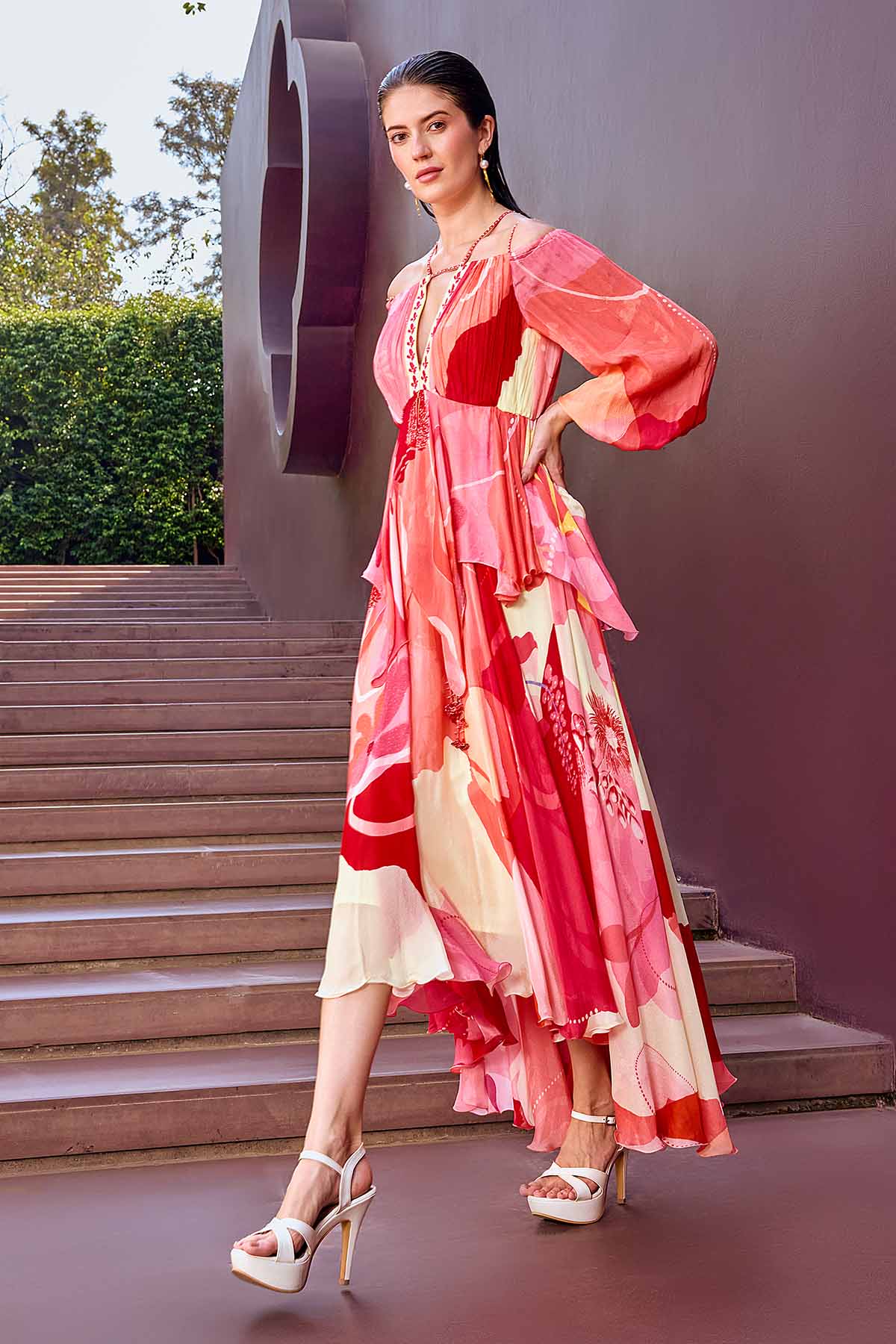 Red Chiffon Deep V-Neck Dress