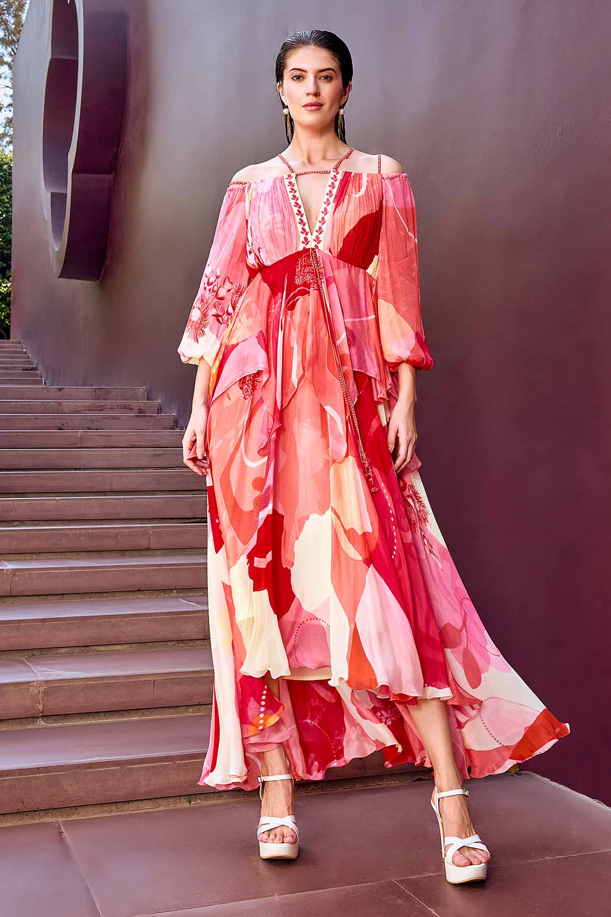 Red Chiffon Deep V-Neck Dress