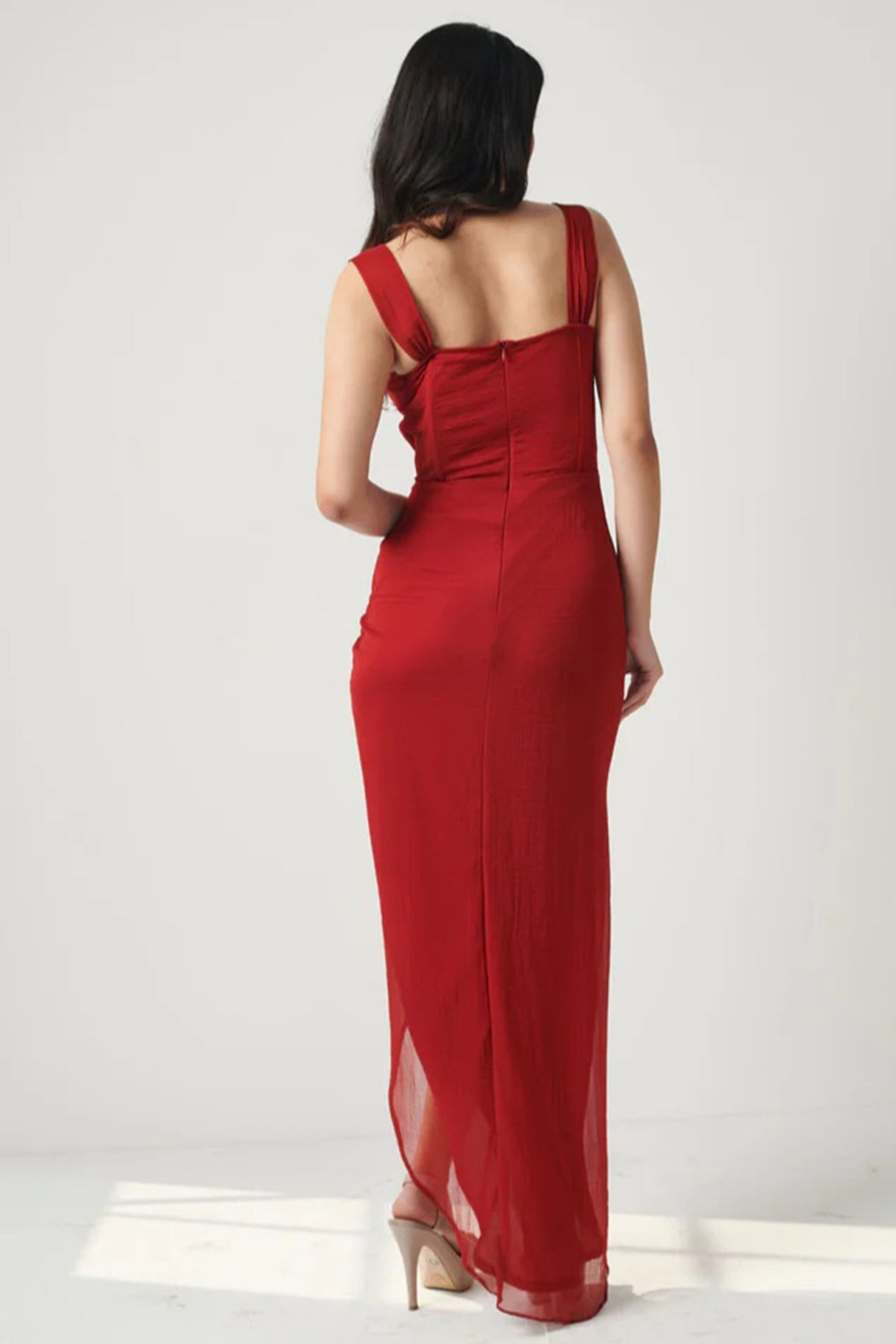 Red Chiffon Front Gather Dress