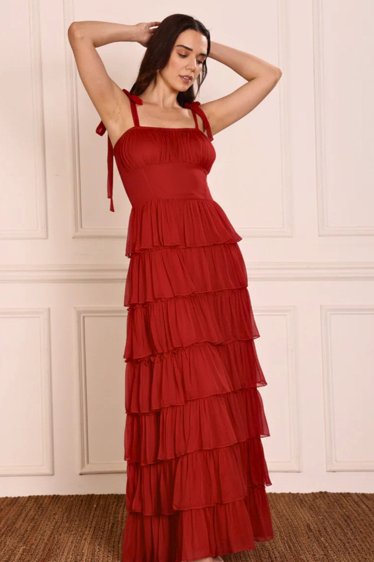 Red Chiffon Gathered Maxi Dress