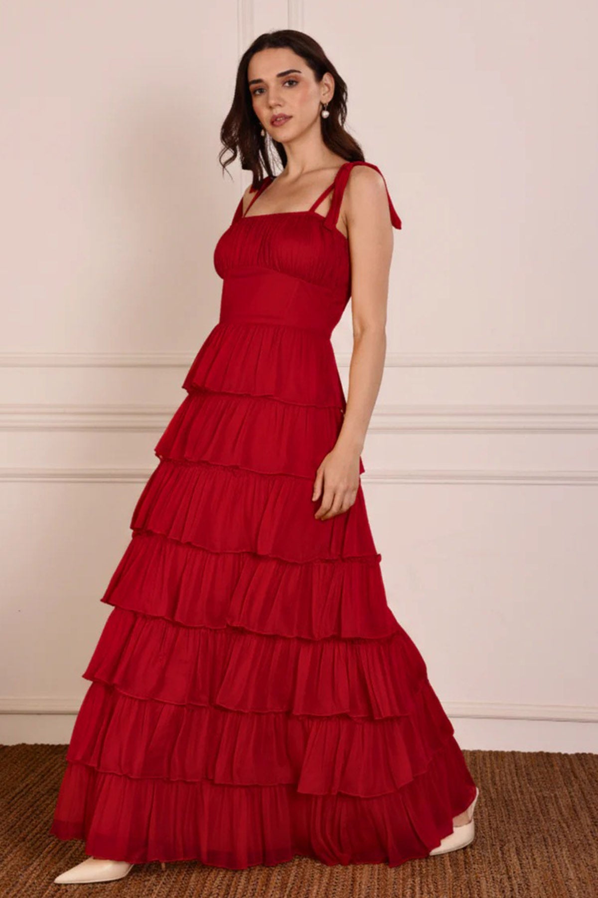 Buy Red Chiffon Gathered Maxi Dress for women by Seoraa online available at scrollnshops