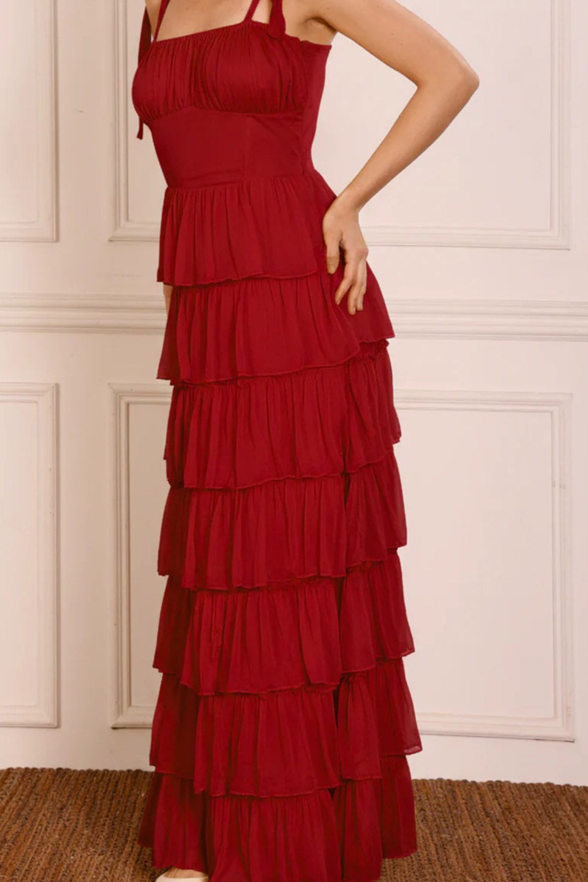 Red Chiffon Gathered Maxi Dress