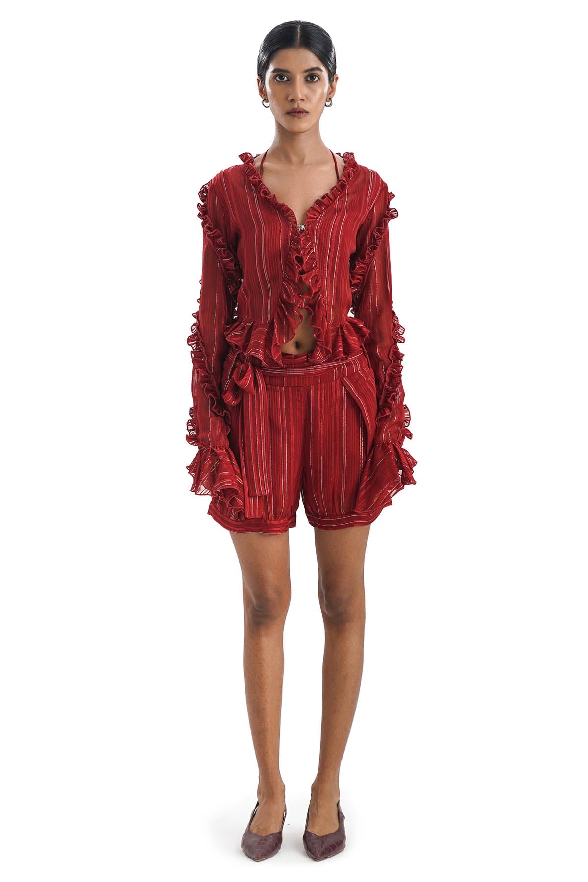 Buy Notre Ame Red Chiffon Ruffled Co-ord Set For Women Online at ScrollnShops