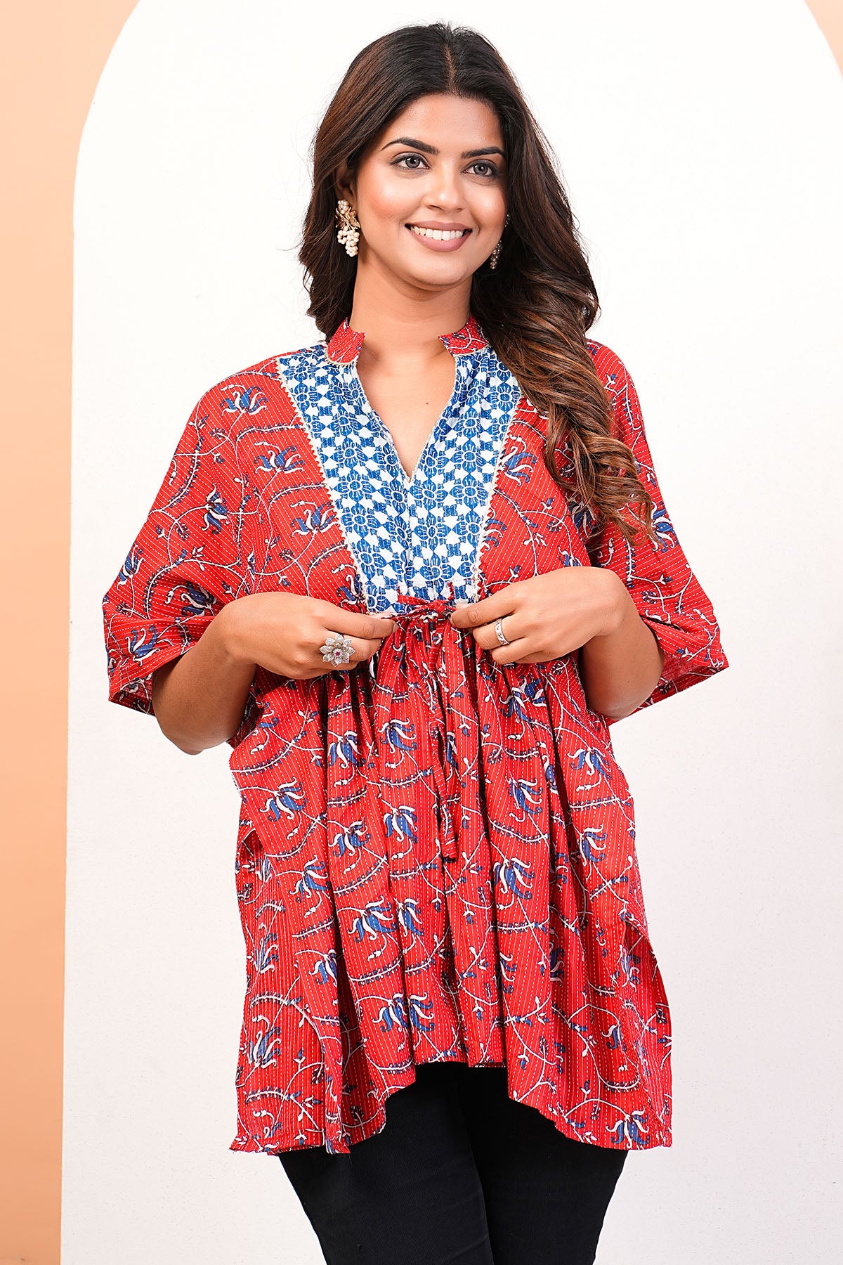 Red Collar V-Neck Printed Kaftan