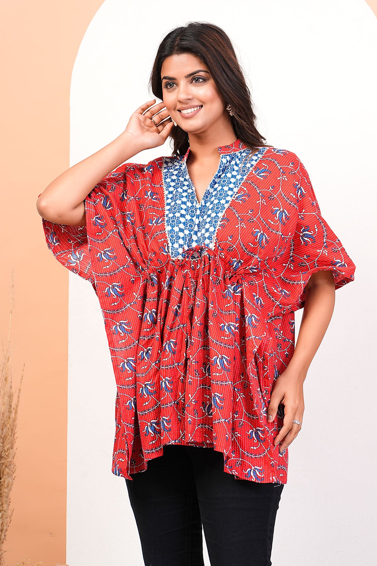 Red Collar V-Neck Printed Kaftan