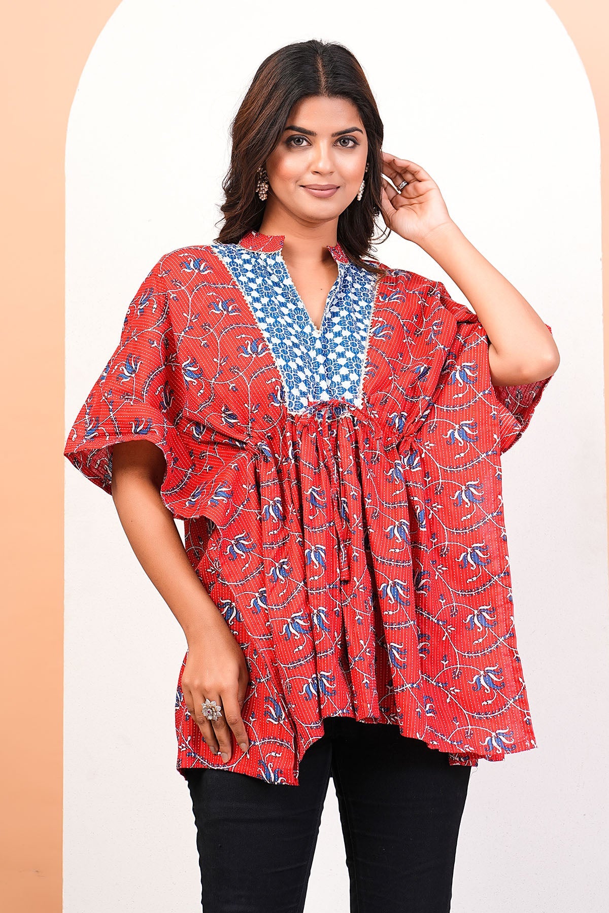 Buy Red Collar V-Neck Printed Kaftan by Namita Sharma for Women online at ScrollnShops