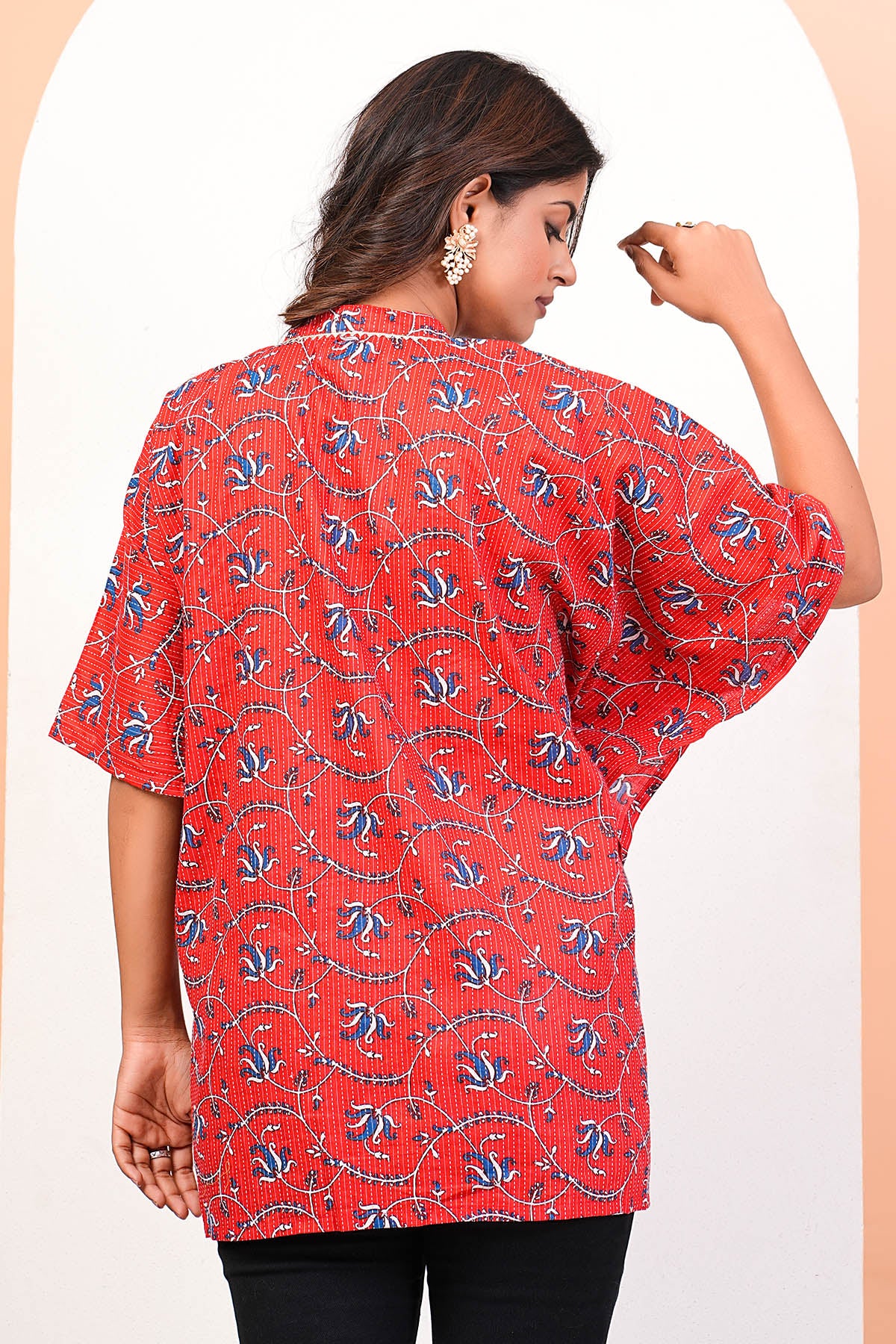 Red Collar V-Neck Printed Kaftan
