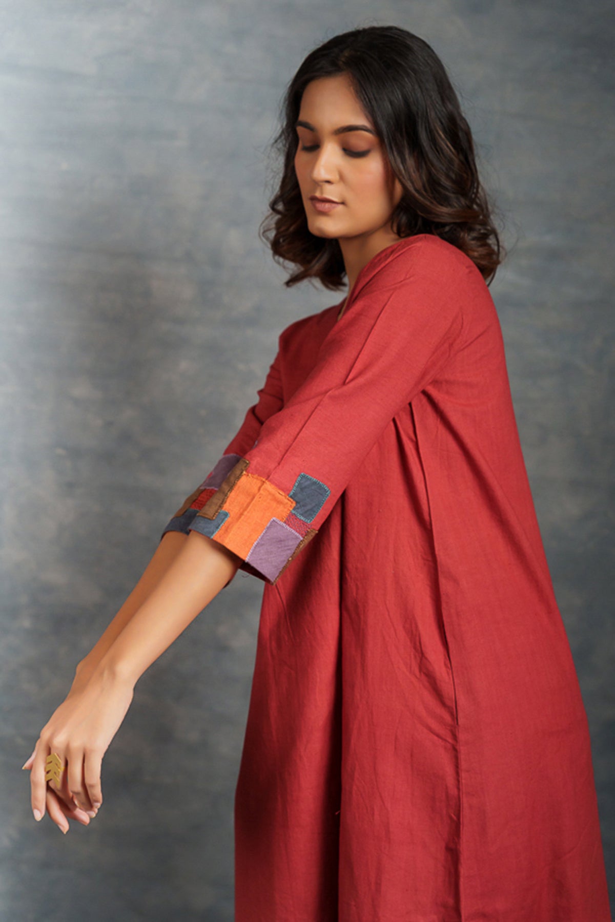 Red Cotton A-Line Midi Dress