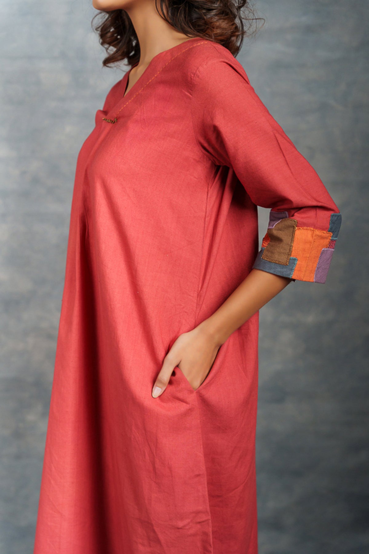 Red Cotton A-Line Midi Dress