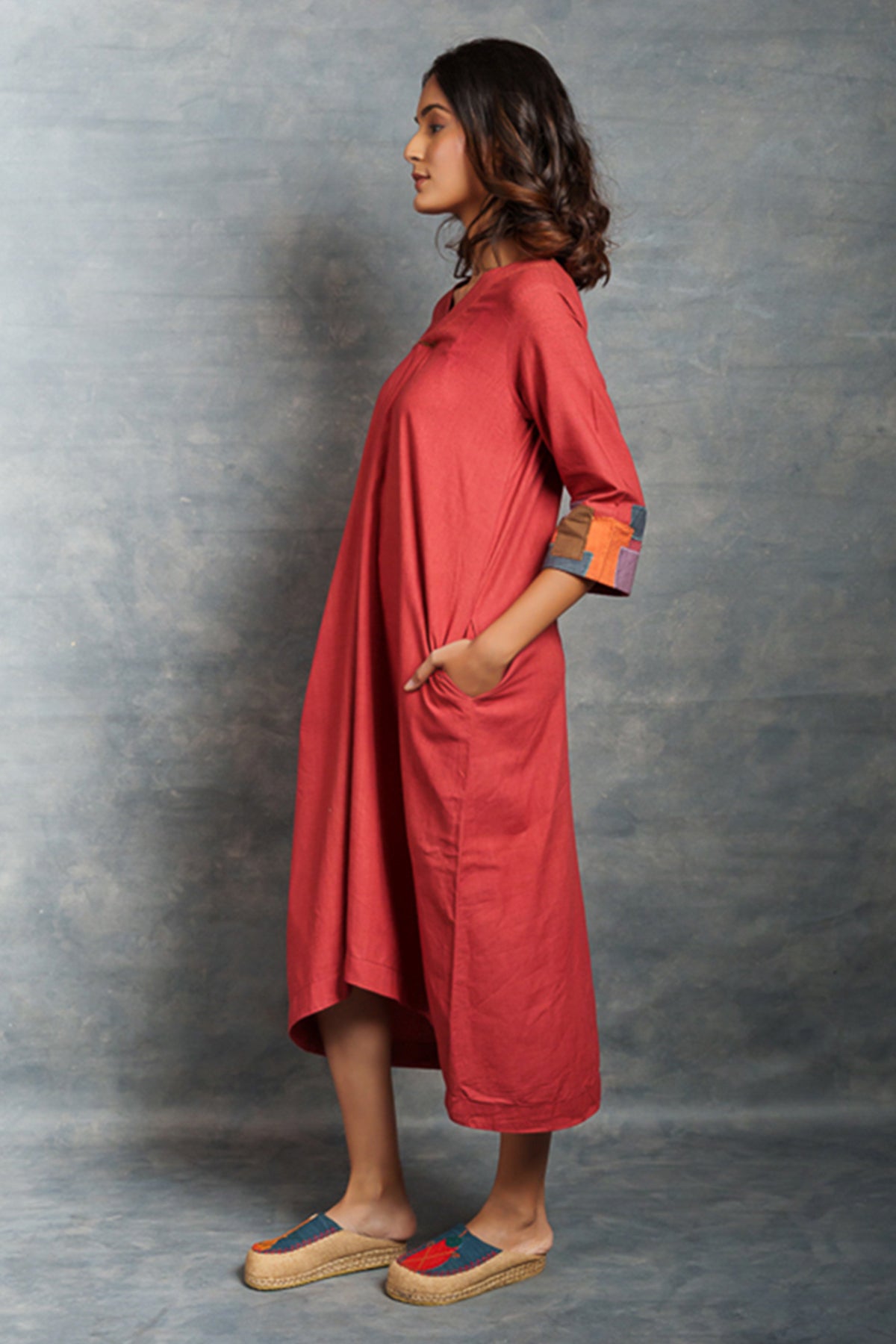 Red Cotton A-Line Midi Dress