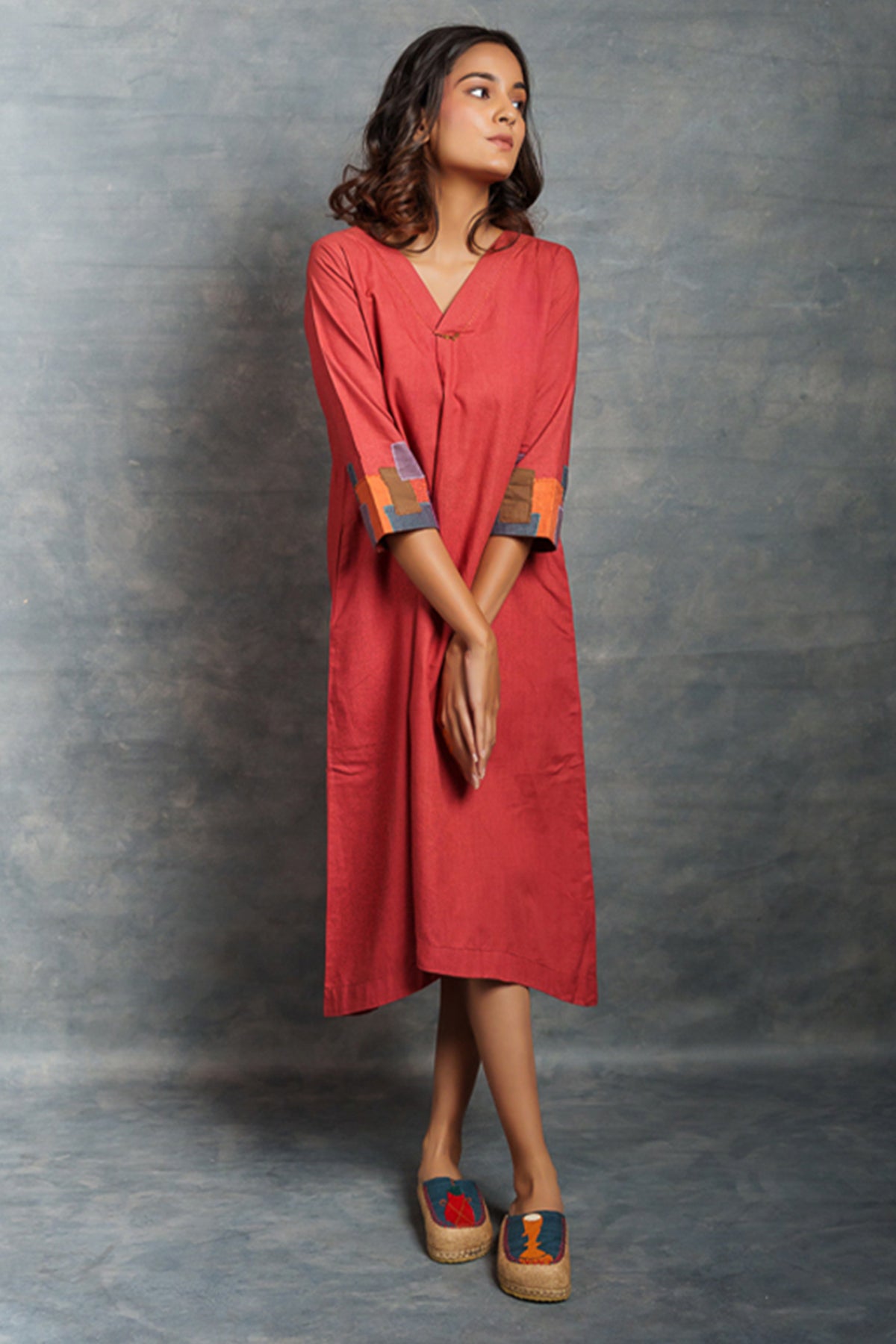 Red Cotton A-Line Midi Dress
