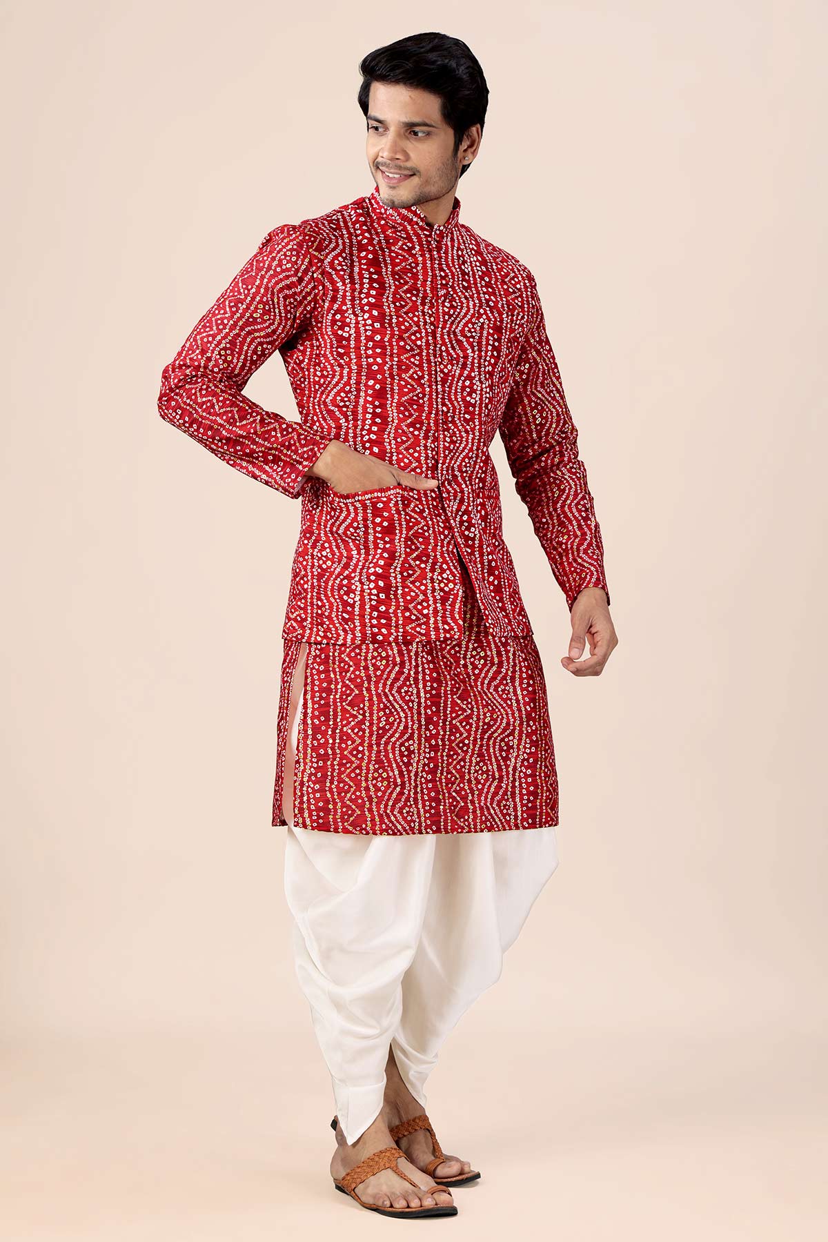Buy Red Cotton Bandhani Bundi Set for women by Priyanka Jain online available at scrollnshops