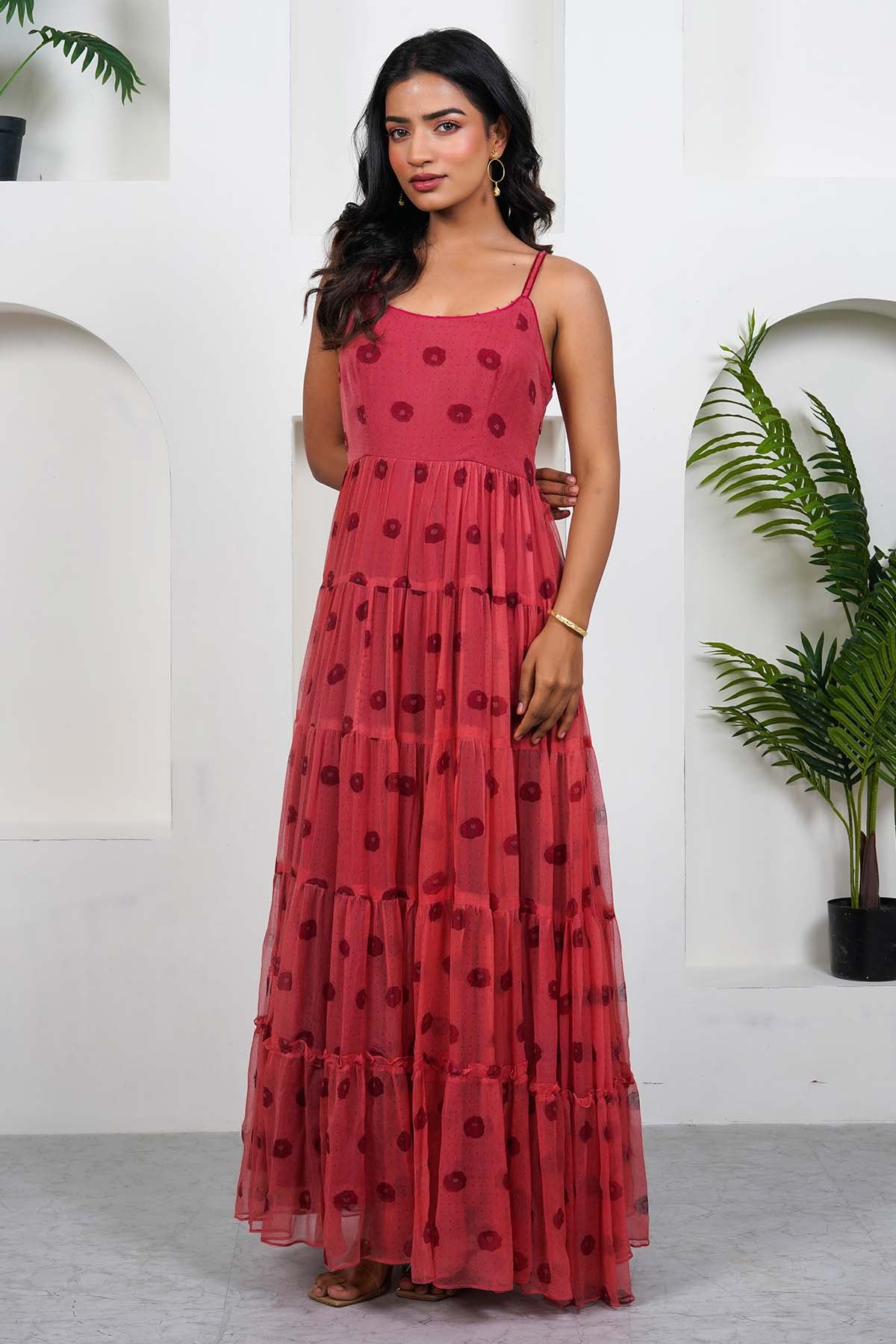 Imrie Red Cotton Chiffon Print Dress for women online at ScrollnShops