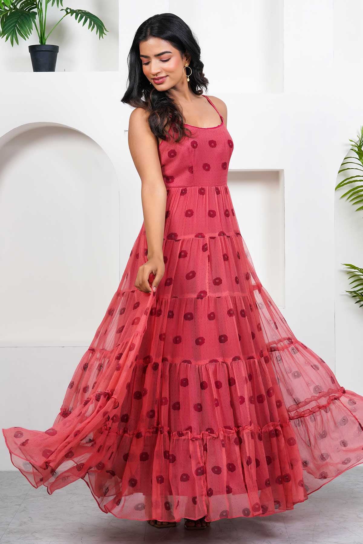 Red Cotton Chiffon Print Dress