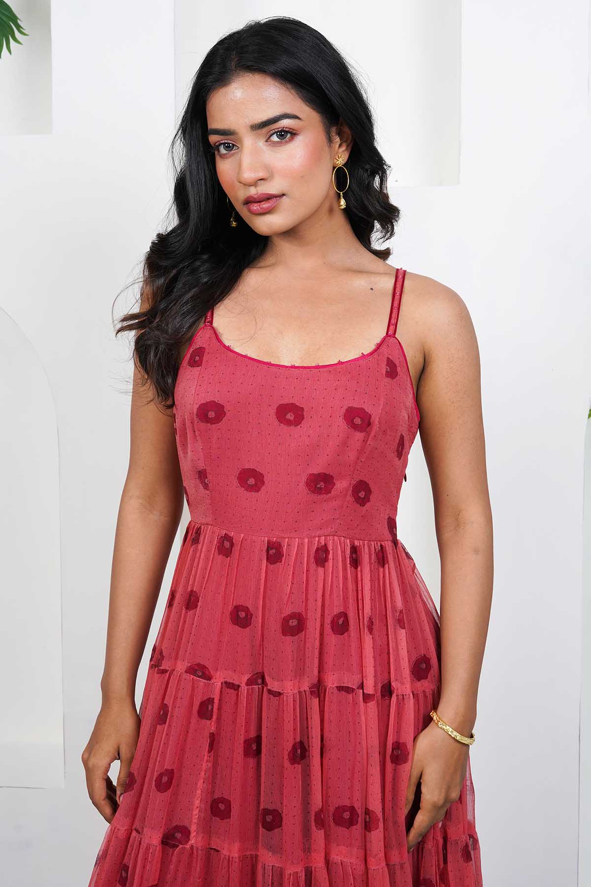 Red Cotton Chiffon Print Dress