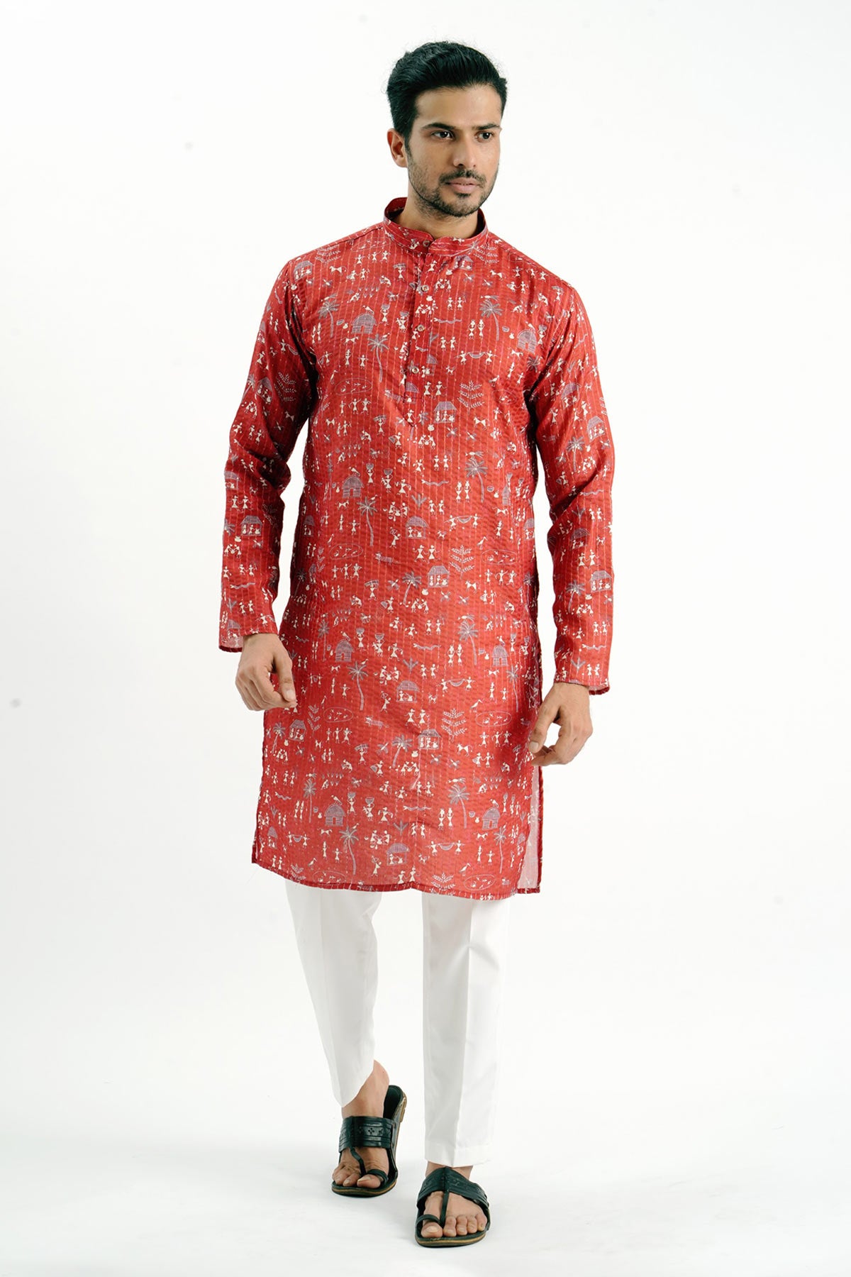 Red Cotton Crochet Print Kurta