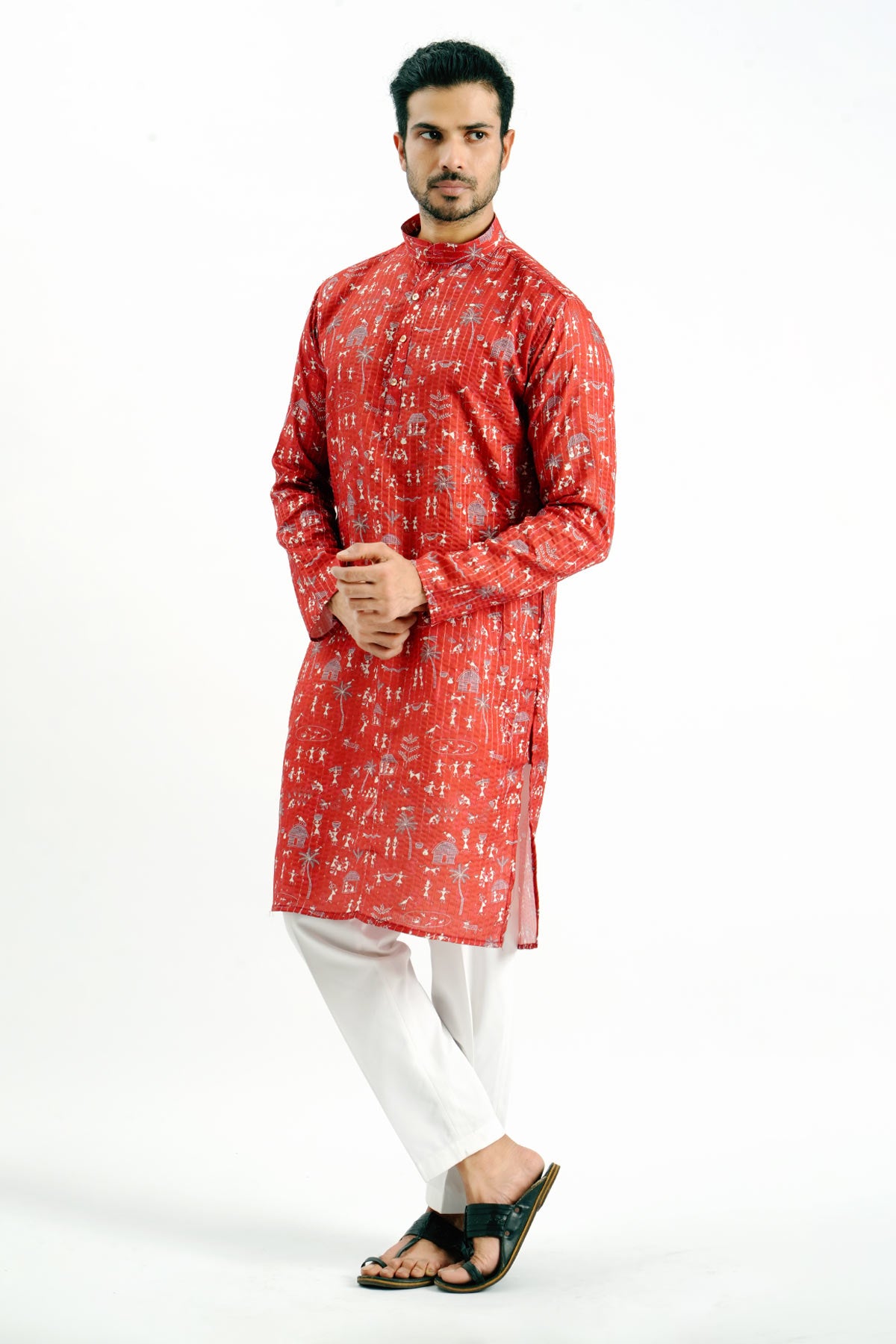 Red Cotton Crochet Print Kurta