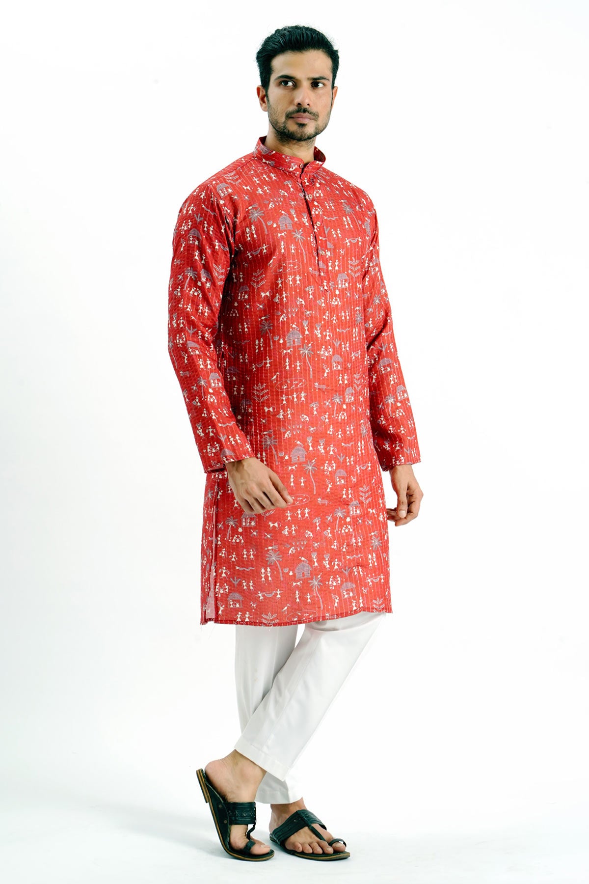 Red Cotton Crochet Print Kurta