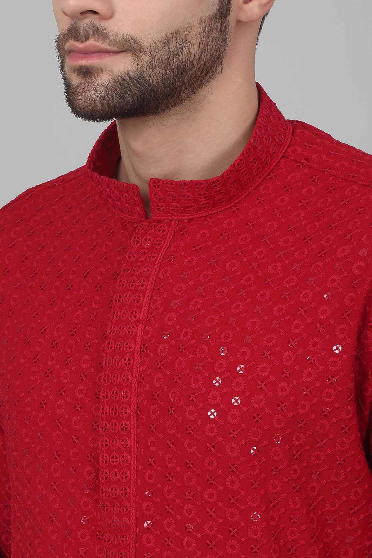Red Cotton Embroidered Kurta Set