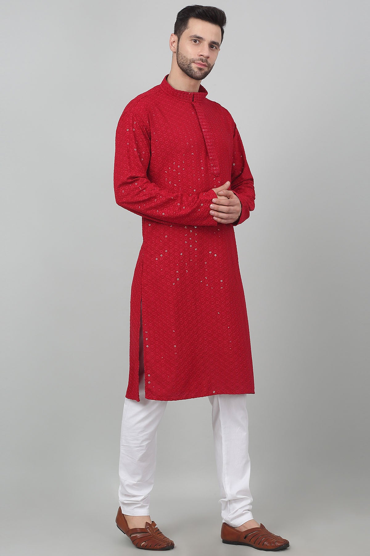 Red Cotton Embroidered Kurta Set