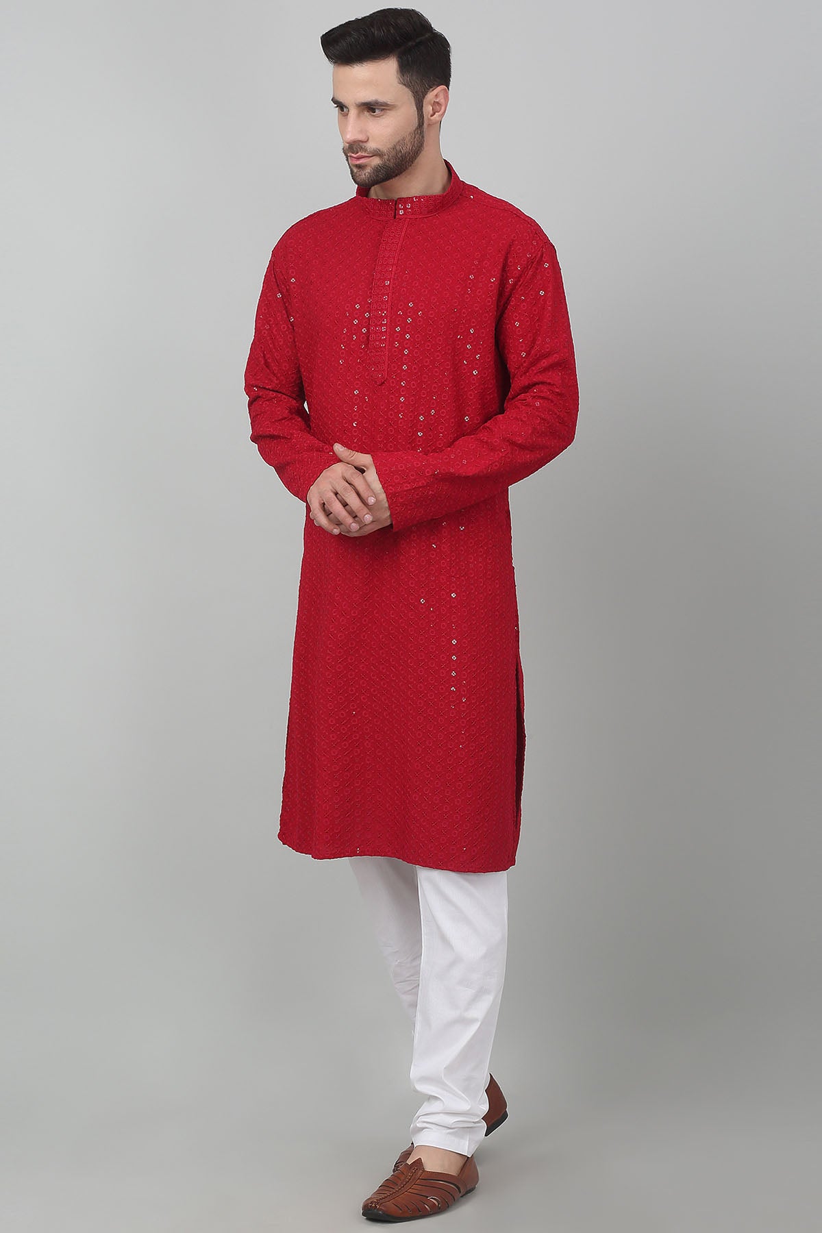 Red Cotton Embroidered Kurta Set
