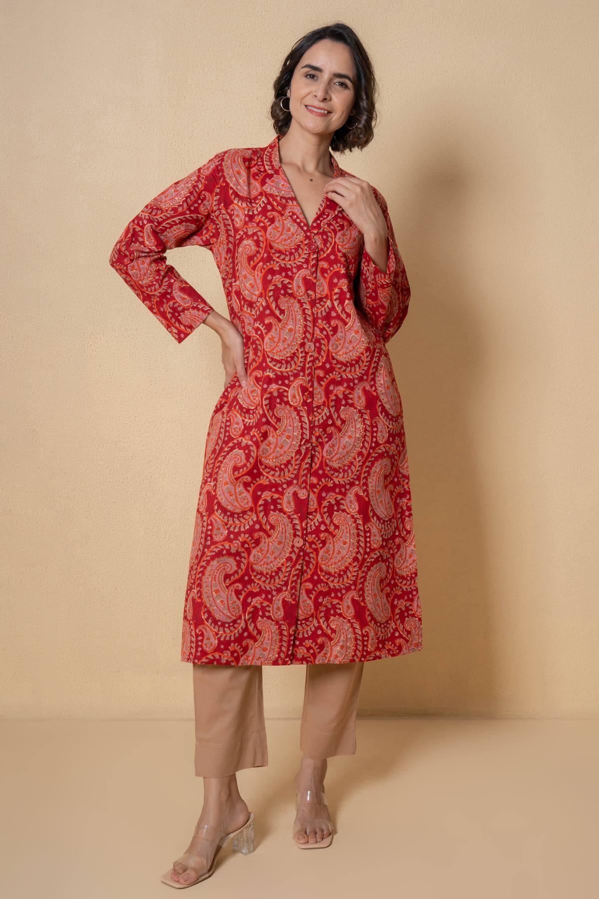 Buy Red Cotton Floral Kurta Set for Women Online at ScrollnShops