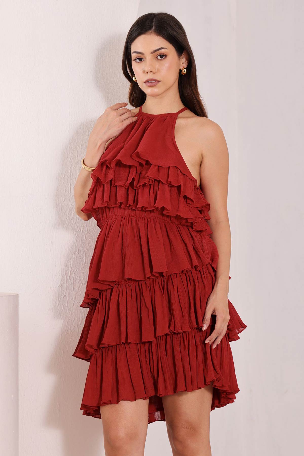 Buy Red Cotton Layered Tiers Dress for women by Seoraa online available at scrollnshops