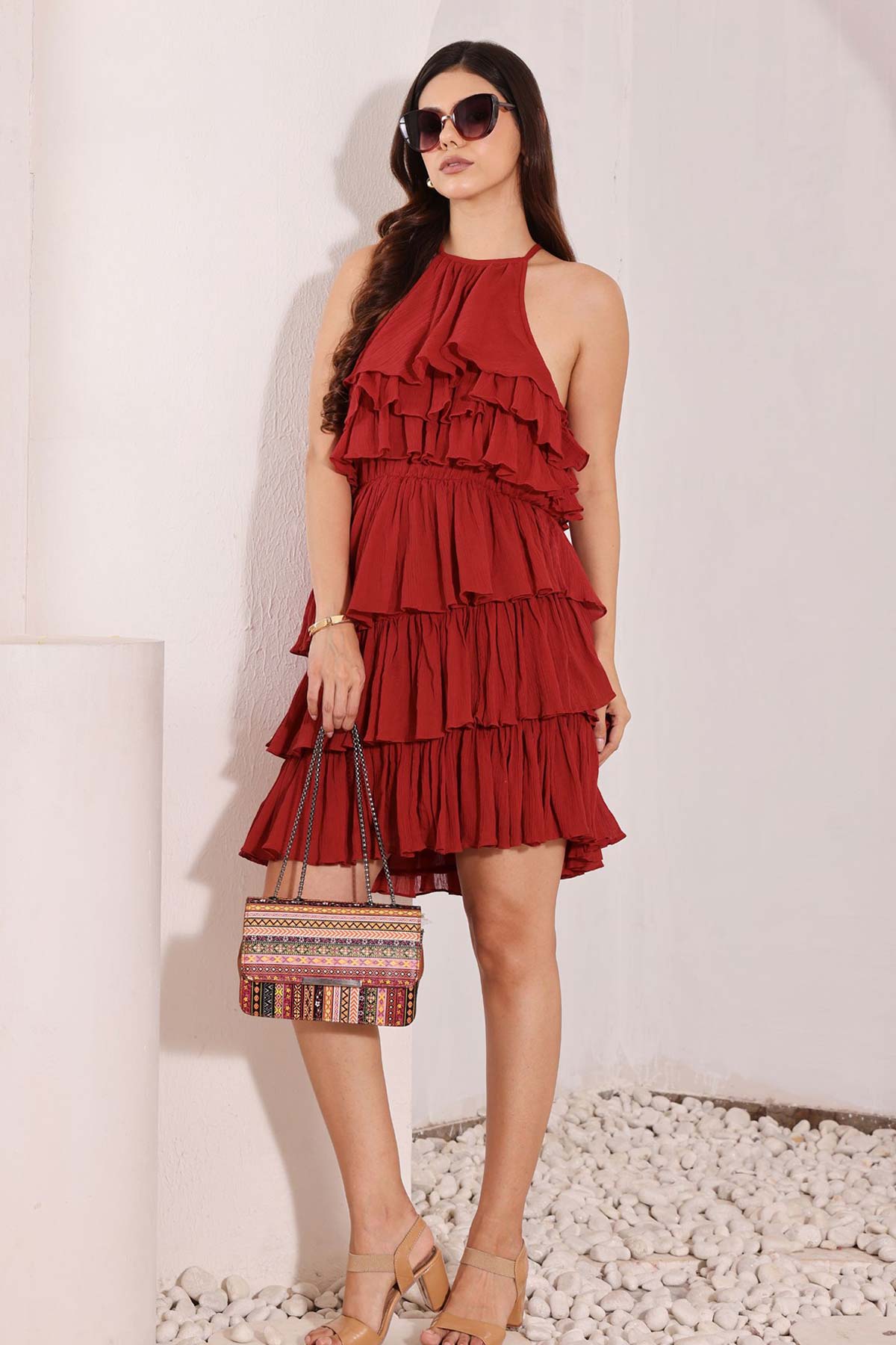 Red Cotton Layered Tiers Dress