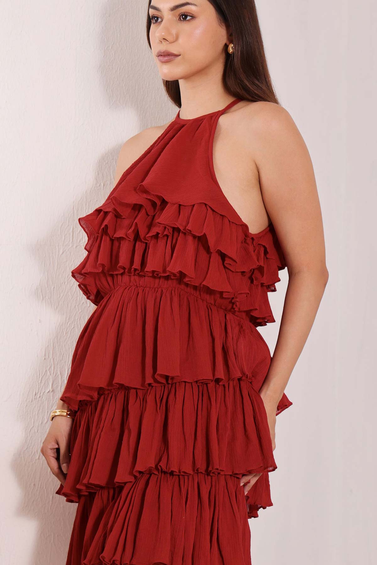 Red Cotton Layered Tiers Dress