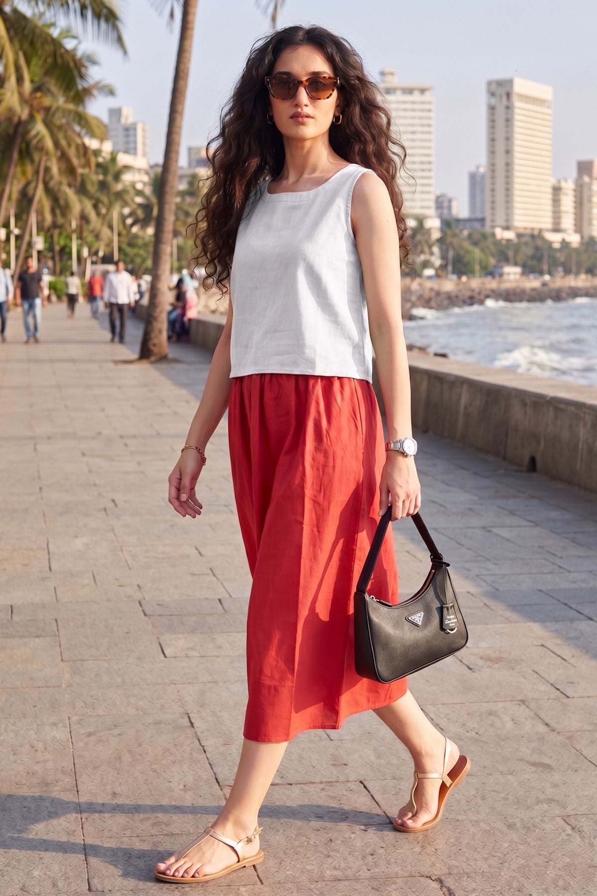 Red Cotton Linen A-Line Skirt