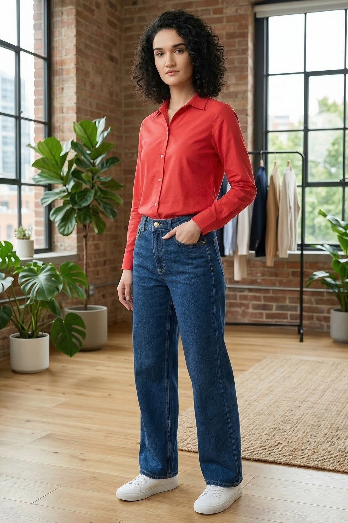 Cotton Linen Red Collar Shirt