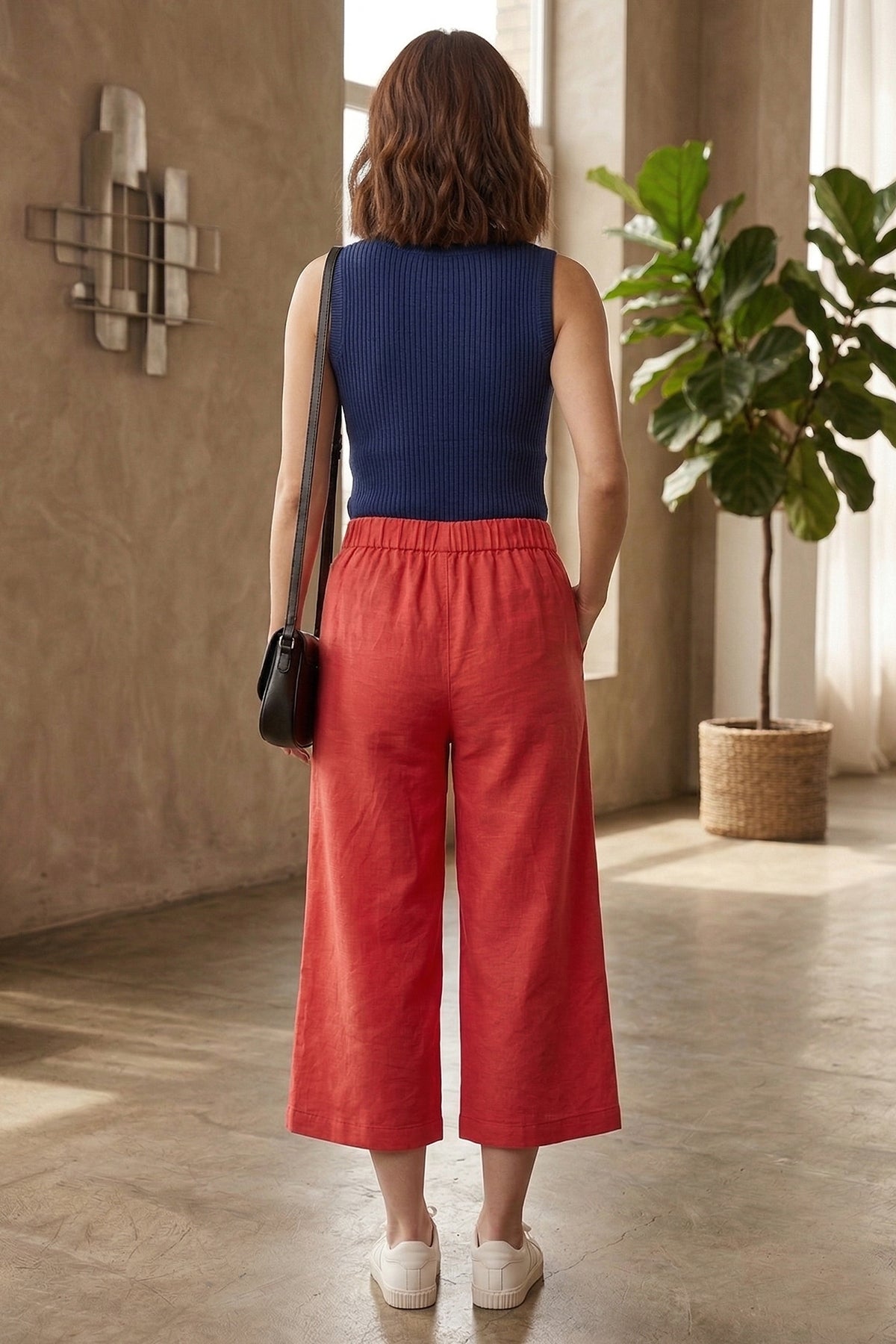 Red Cotton Linen Flared Pant