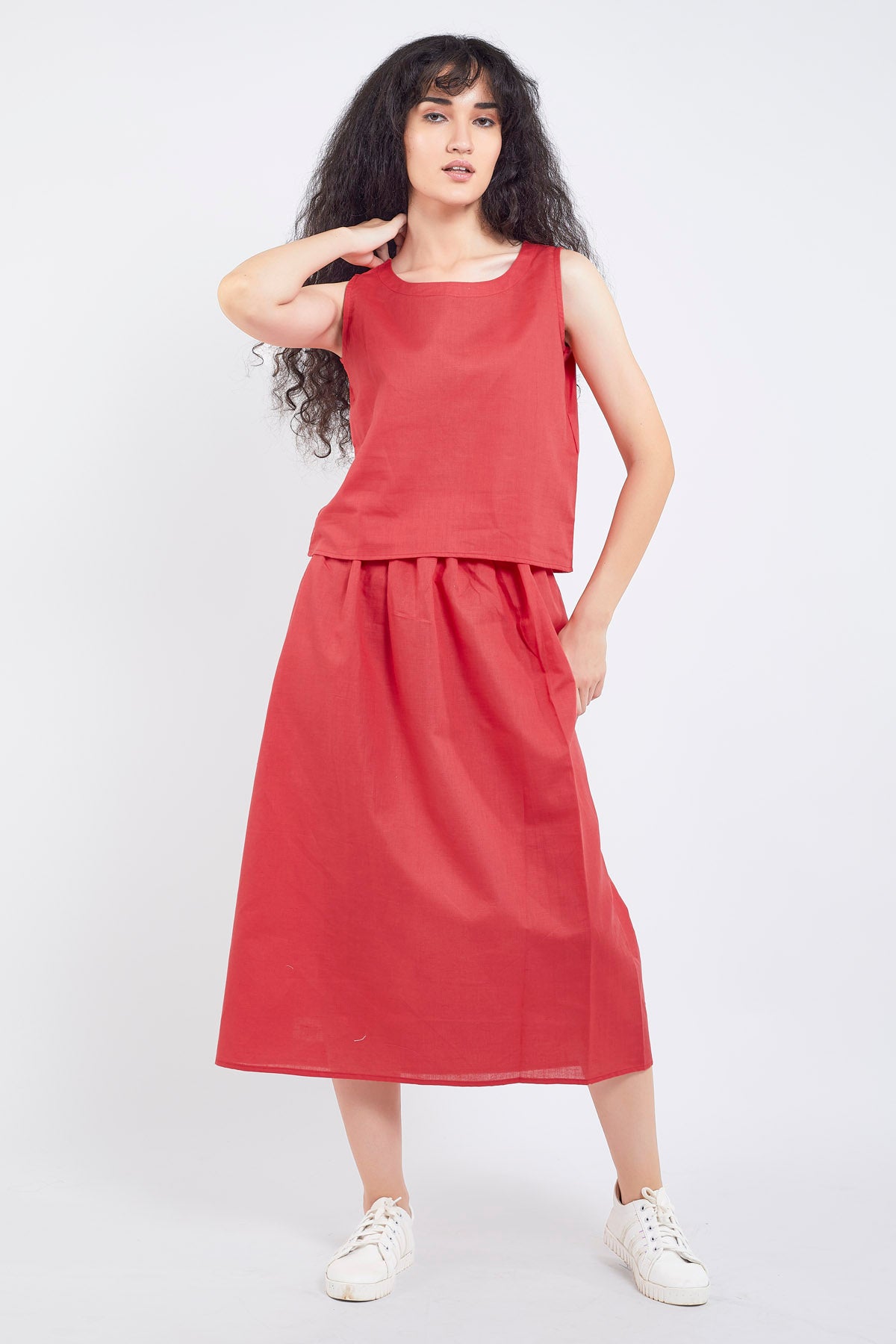 Buy Red Cotton Linen Long Skirt Online