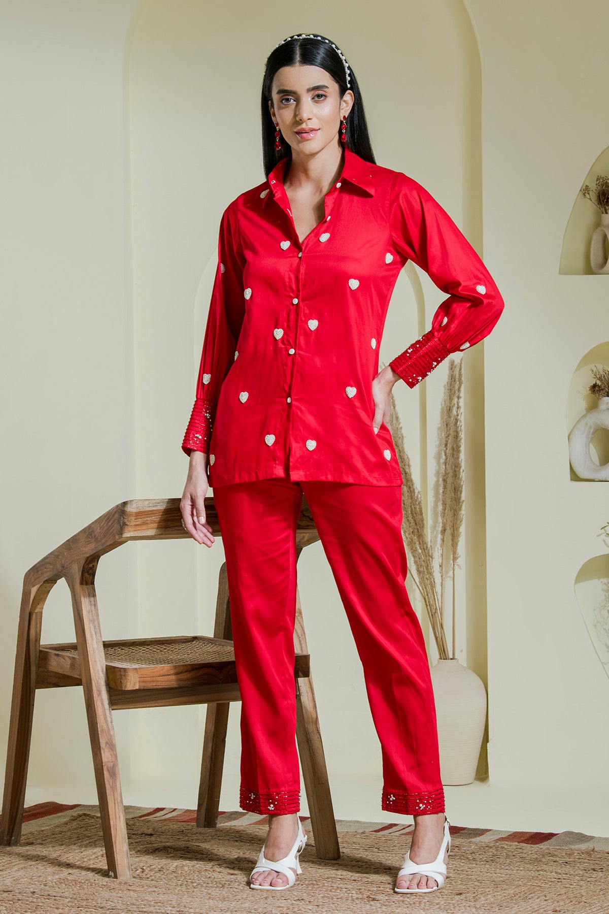 Red Cotton Pearls Co-ord Set