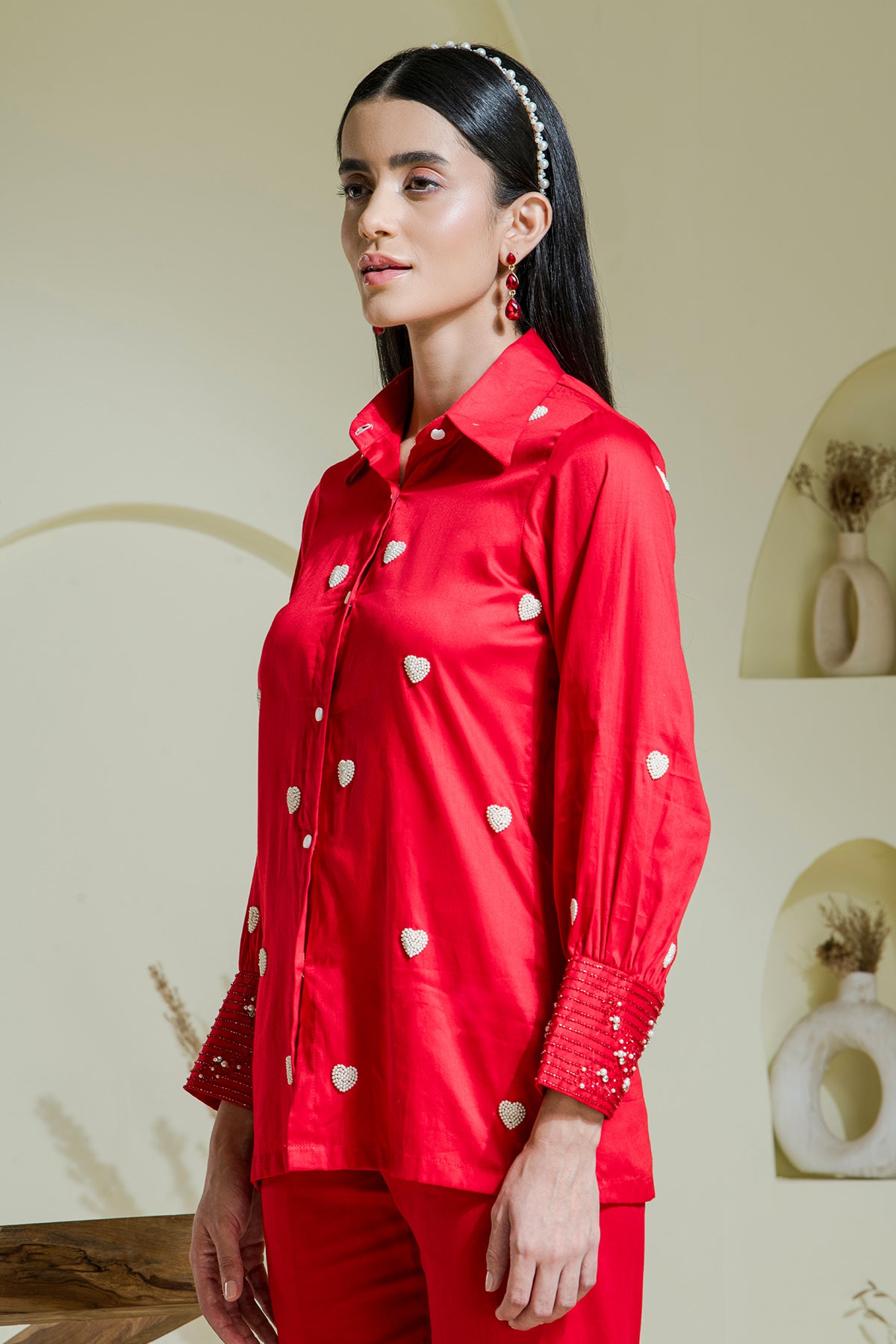 Red Cotton Pearls Co-ord Set