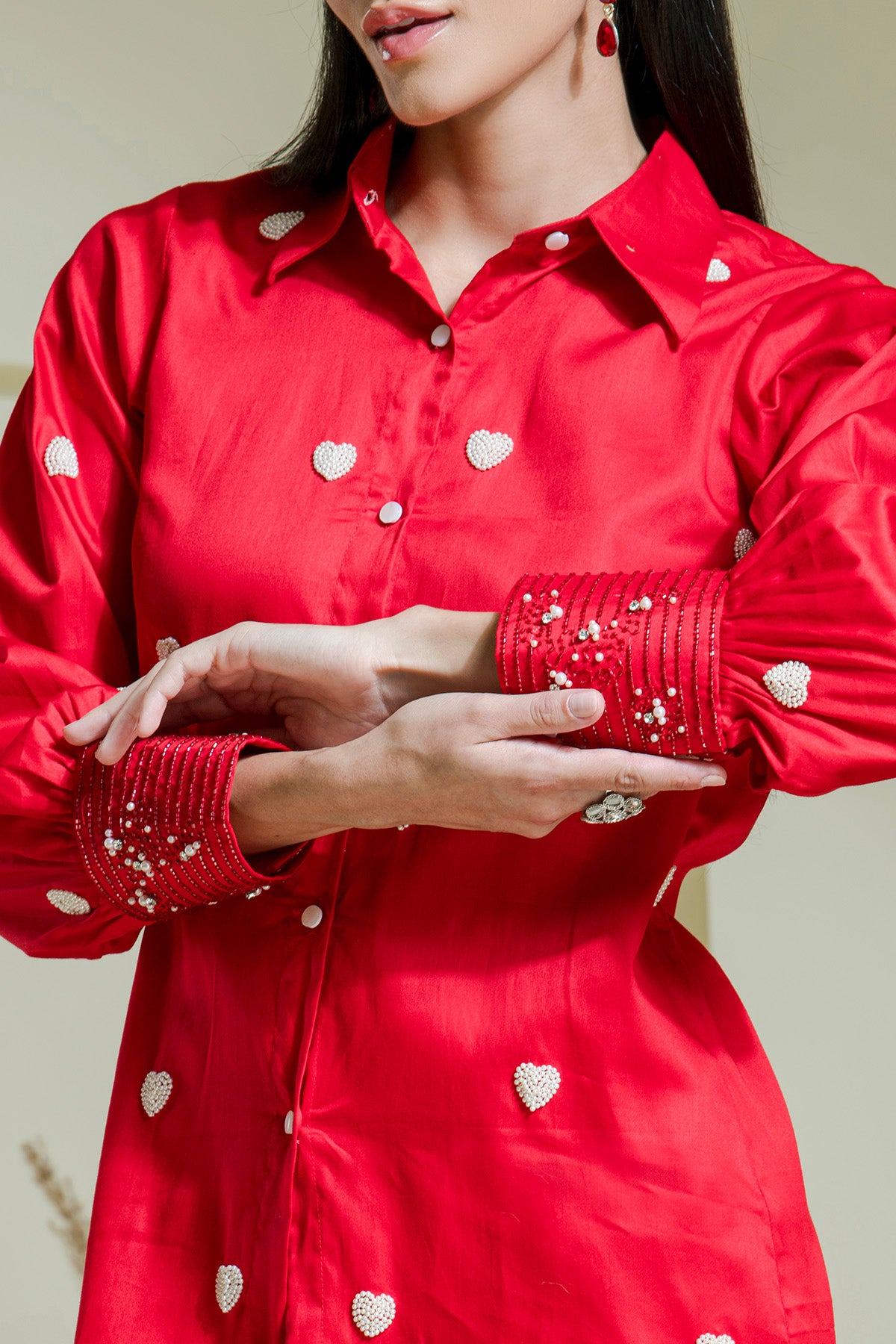 Red Cotton Pearls Co-ord Set