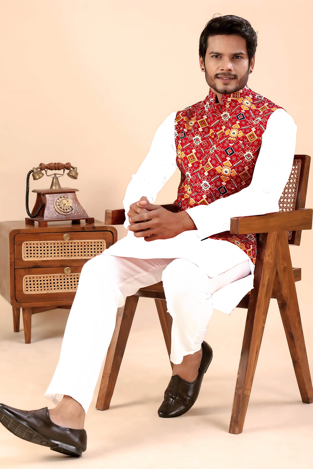 Red Cotton Printed Bundi Jacket