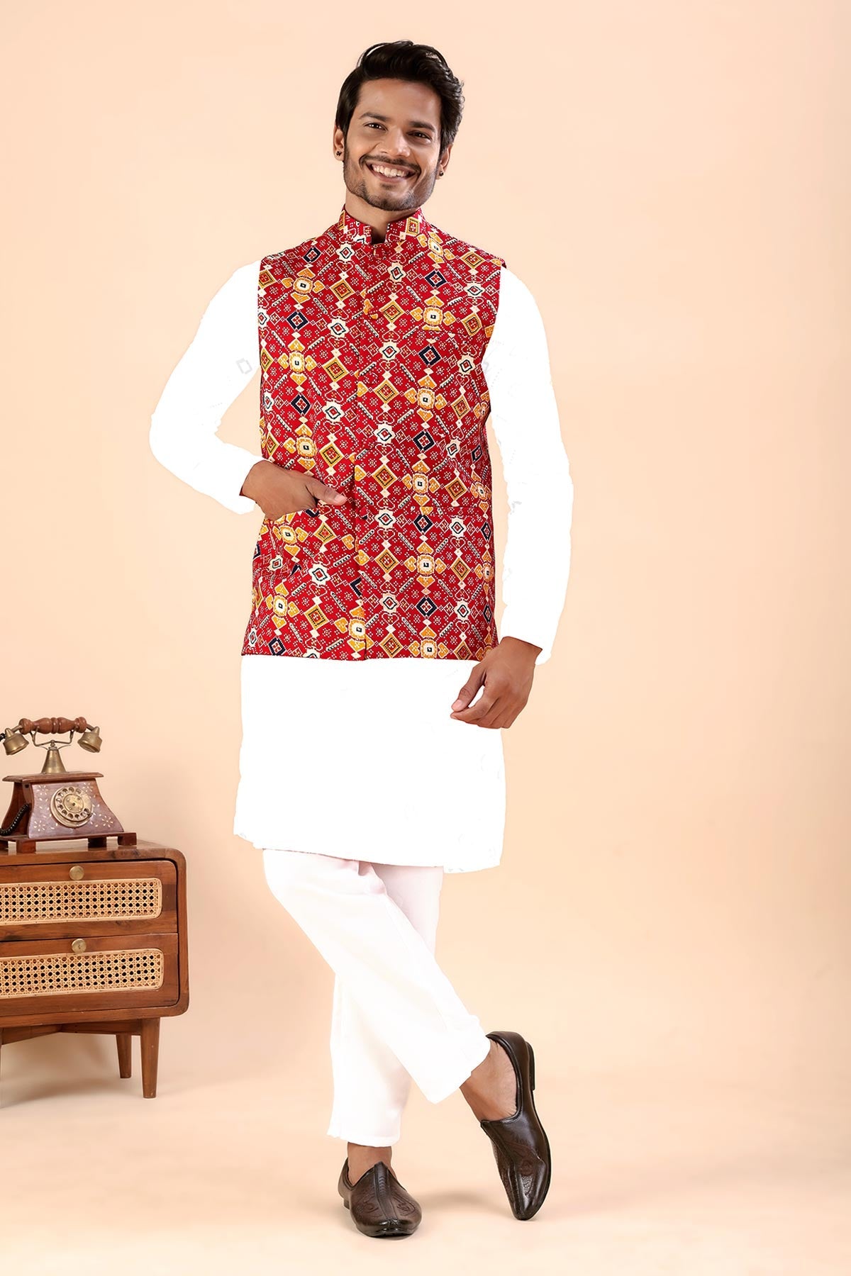 Buy Red Cotton Printed Bundi Jacket for women by Priyanka Jain online available at scrollnshops