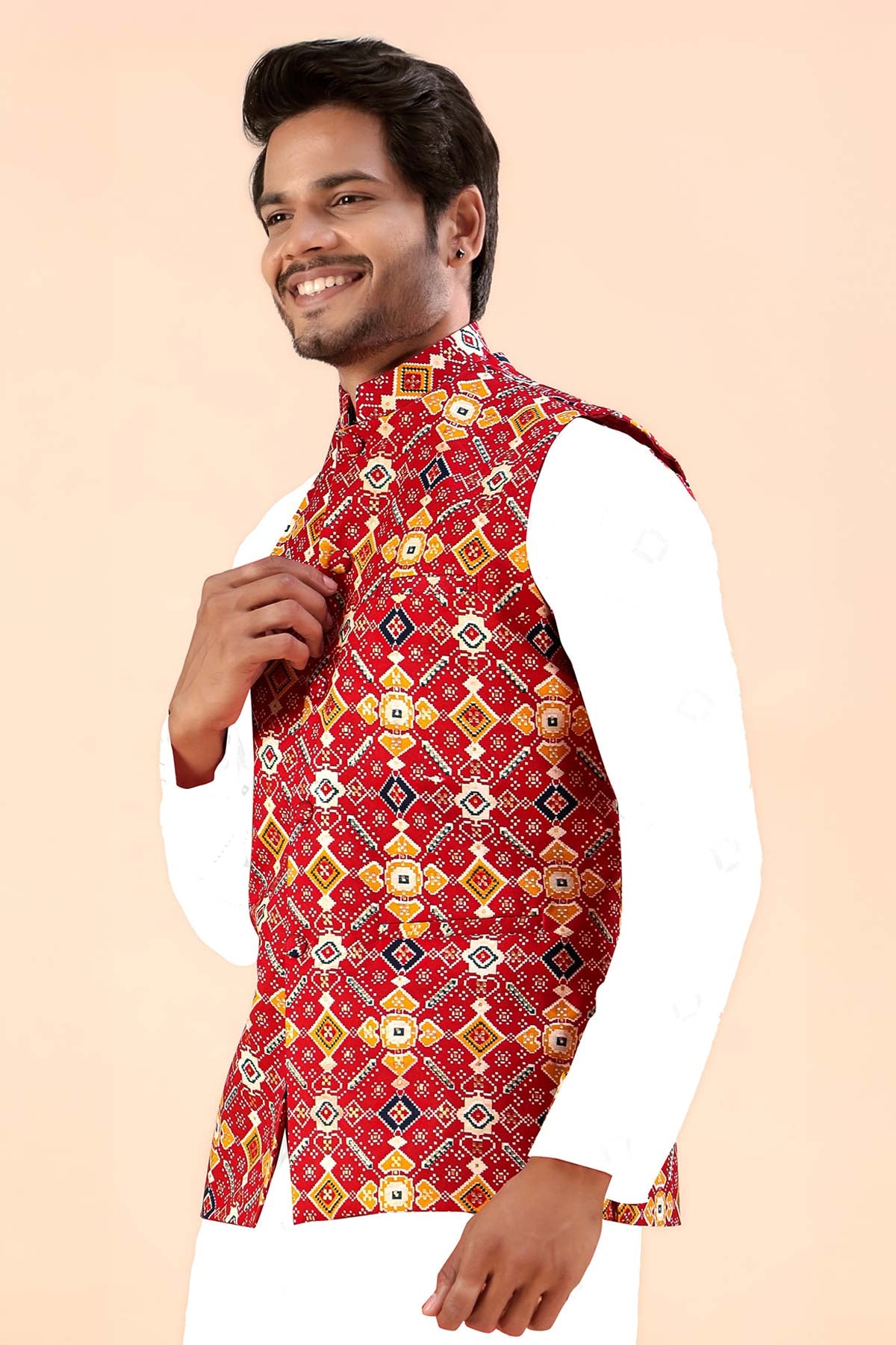 Red Cotton Printed Bundi Jacket