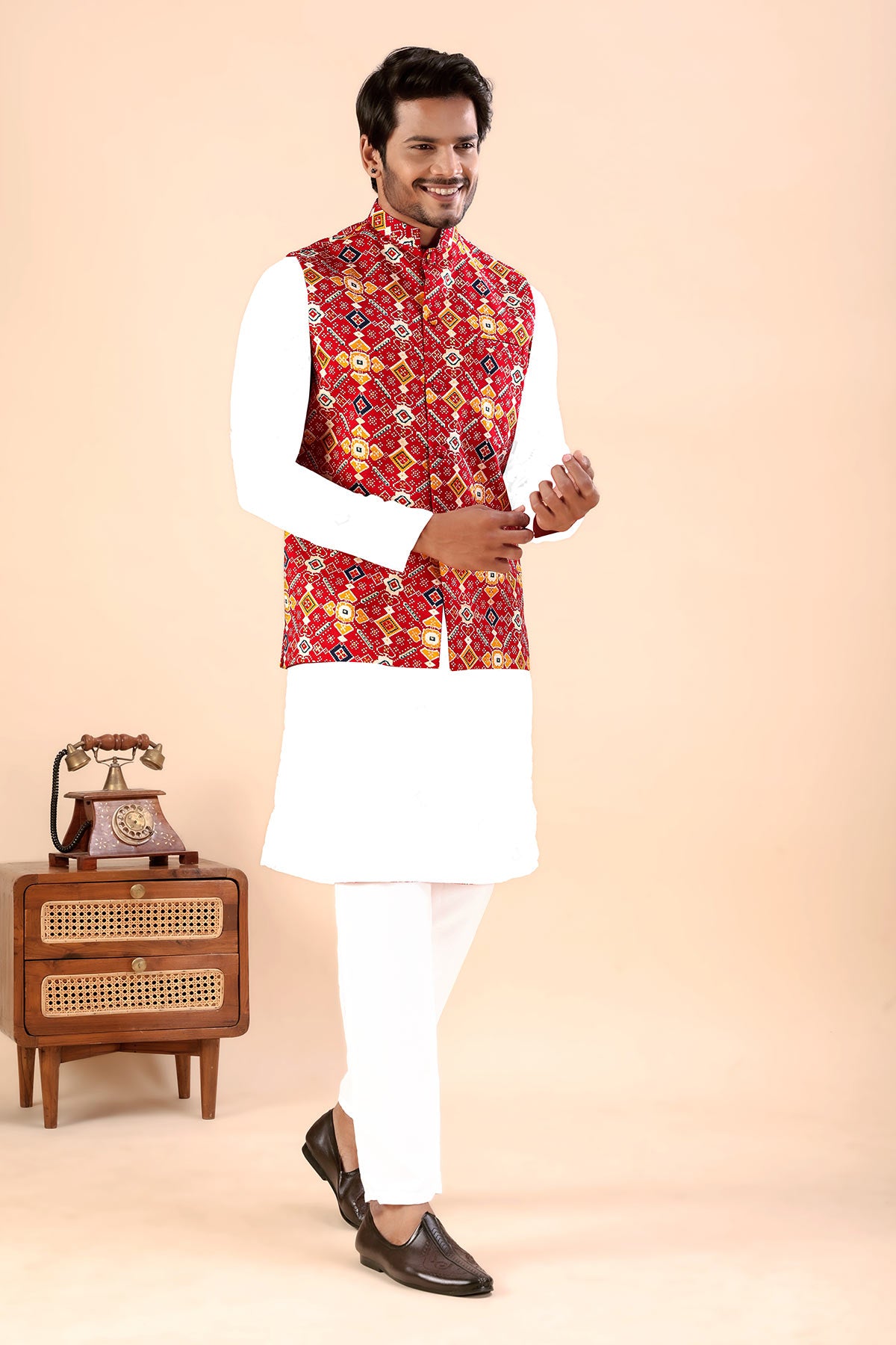 Red Cotton Printed Bundi Jacket