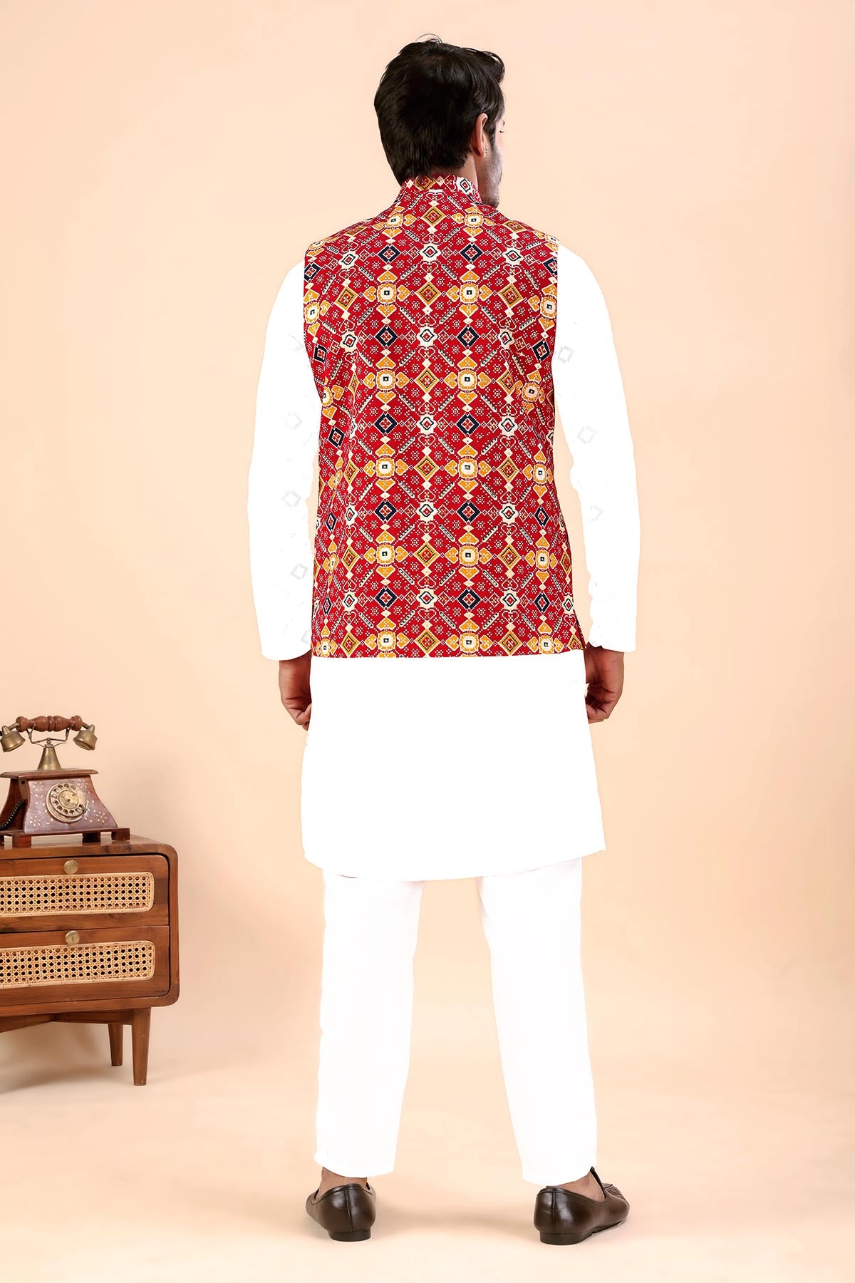 Red Cotton Printed Bundi Jacket