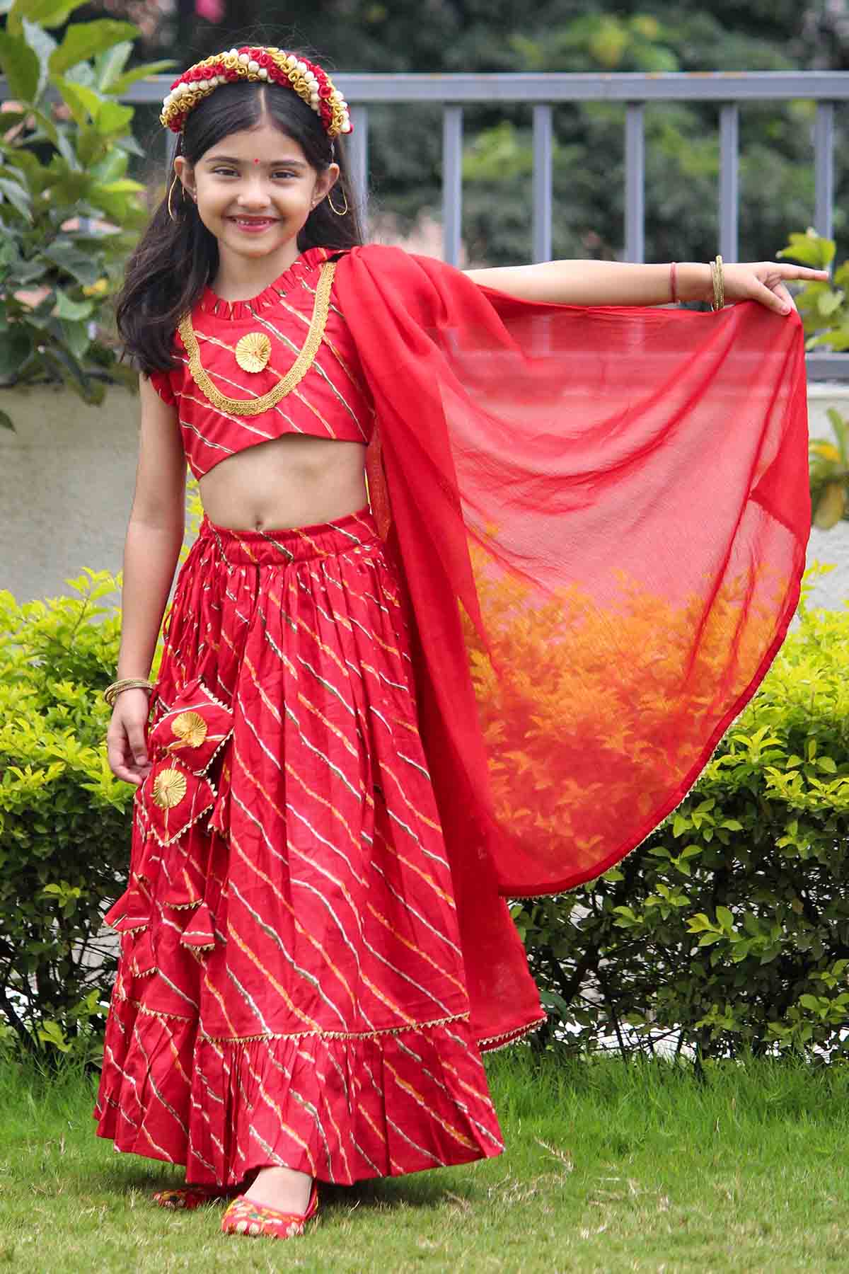 Mamma's Bear Red Cotton Printed Lehenga Set for kids online at ScrollnShops